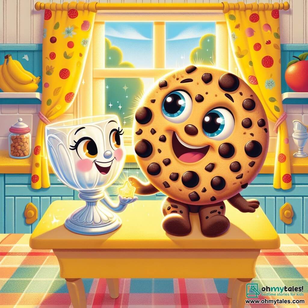 In a sunny kitchen, a round and smiling cookie named Charlie sits on the counter, with shiny chocolate chips sparkling like stars. He has a big smile and sparkling eyes of joy, holding a small cup of tea while playing. Next to him, a tall glass of milk named Mabel stands proudly, with a smooth and shiny surface and a joyful face showing her enthusiasm. She is slightly tilted, as if ready to toast with Charlie. The kitchen is filled with bright colors, featuring yellow walls and fruit-patterned curtains. A lovely bouquet of flowers rests on the table, and beams of sunlight illuminate the room, creating a warm and welcoming atmosphere. Charlie and Mabel are preparing a small party, sharing stories and laughing together, celebrating their beautiful friendship in this magical and joyful place.