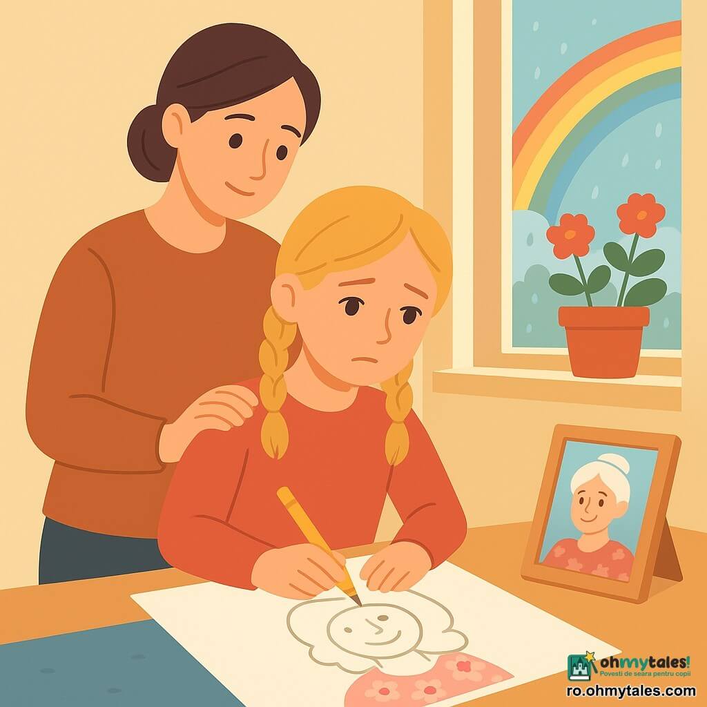 Fată de 10 ani aşezată pe podea, faţă blândă, uşor tristă dar calmă, ochi strălucitori, păr blond în două cozi, ţine un creion galben şi desenează o femeie zâmbitoare pe o foaie albă mare; femeie adultă (mamă, ~35 ani) în spatele fetei, mâna pe umărul ei drept, privire binevoitoare; bunică prezentă doar în desen şi într-o ramă mică pe masă: păr alb în coc, zâmbet tandru, rochie cu flori roz; interior luminos cu pereţi crem, masă din lemn deschis, covor albastru şi muşcate roşii pe pervaz; fereastră deschisă spre cer după ploaie cu un curcubeu mare şi picături pe geam; atmosferă caldă şi liniştită, lumină aurie de seară care luminează foaia şi creează umbre lungi, compoziţie simplă centrată pe fată şi foaie, culori pastel contrastate de roşu şi galben, linii clare şi forme rotunjite.