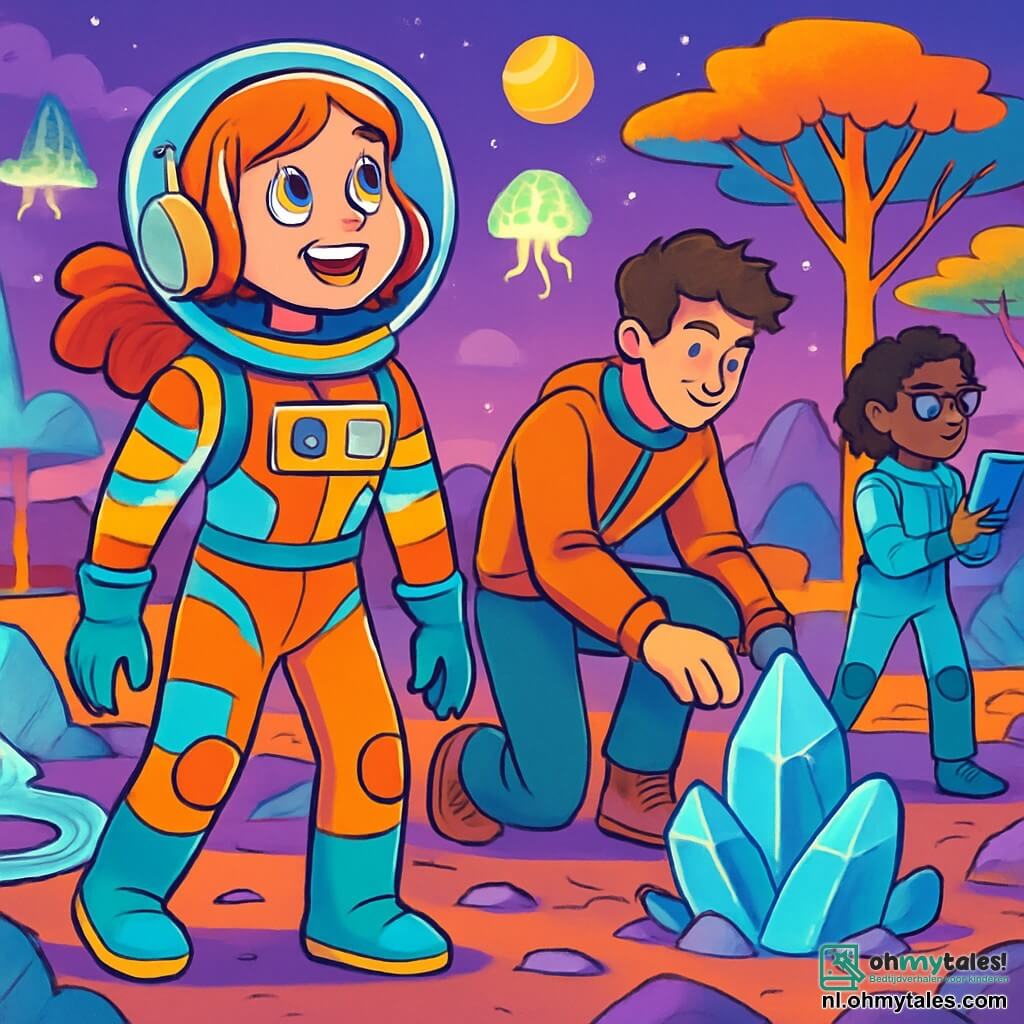 Een vrouwelijke astronaut, Mira, staat op een buitenaardse planeet, haar gezicht verlicht door verwondering en nieuwsgierigheid. Ze draagt een glanzend ruimtepak met kleurrijke patronen, en haar haren zweven lichtjes in de lucht. Haar grote, heldere ogen weerspiegelen de wonderen van het universum. Naast haar onderzoekt een jonge man, Lucas, ongeveer 25 jaar oud, een vreemde fonkelende kristal op de grond, met rommelig bruin haar en een geconcentreerde uitdrukking. Iets verderop gebruikt Dr. Amina, een vrouw van in de dertig met een bril en krullend haar, een scanner, met een vastberaden gezicht. Het landschap is spectaculair: metalen bomen reiken naar een paarse lucht, terwijl zilveren vloeistofrivieren zich een weg banen tussen doorschijnende rotsformaties. Luminescente wezens zweven in de lucht, wat een vleugje magie aan deze ongelooflijke scène toevoegt. Mira en haar team verkennen deze mysterieuze wereld, gefascineerd door de schoonheid en vreemdheid van hun omgeving, terwijl ze zich voorbereiden om contact te maken met een onbekende levensvorm die hen nieuwsgierig observeert.