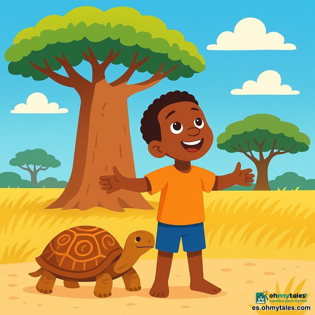 Kofi, un joven africano de unos 10 años, se encuentra bajo un gran baobab con hojas verdes brillantes. Tiene la piel de un marrón cálido, ojos chispeantes de curiosidad y una amplia sonrisa que ilumina su rostro. Mira al cielo con asombro, con los brazos abiertos como si quisiera abrazar el mundo. A su lado, una tortuga sabia y anciana, con un caparazón adornado con patrones dorados, avanza lentamente por el suelo arenoso. Ella lo observa con ojos suaves y reconfortantes, como si compartiera un antiguo secreto. Un poco más lejos, un majestuoso árbol con ramas extendidas ofrece sombra, sus hojas susurran suavemente con el viento. El lugar es una sabana africana bañada de luz dorada, con hierbas altas que ondulan bajo la brisa ligera. El cielo es de un azul brillante, salpicado de nubes blancas y esponjosas. La escena principal muestra a Kofi, maravillado, escuchando el viento que le susurra lecciones de paciencia, mientras la tortuga avanza pacíficamente a su lado. Juntos, descubren la belleza del momento presente, rodeados por la magia de la naturaleza.