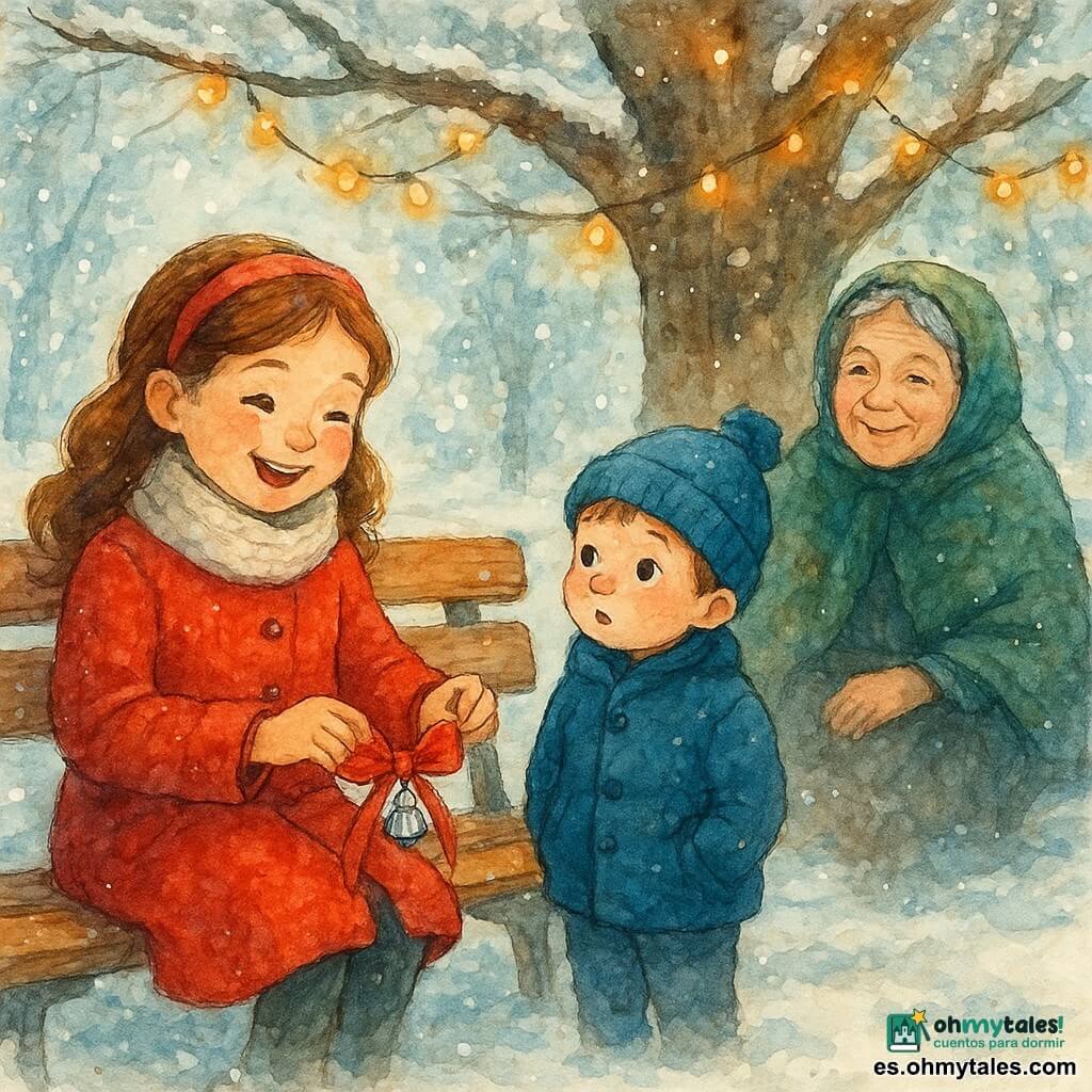 Una niña de 8 años, llamada Martina, está sentada en un banco de madera antiguo, bajo un gran roble cubierto de nieve. Tiene mejillas sonrosadas y ojos brillantes de alegría, vistiendo un abrigo rojo vivo y una bufanda de lana blanca. Martina sostiene delicadamente un lazo rojo con una pequeña campanilla plateada en el centro, mostrando una expresión de orgullo y felicidad. A su lado, un niño de 5 años, su hermano Tomás, está de pie, con las manos en los bolsillos de su abrigo azul, mirando el lazo con asombro. Detrás de ellos, una mujer de unos 60 años, su abuela, está sentada en el banco, sonriendo cálidamente, envuelta en un chal verde oscuro. El parque está cubierto por una gruesa capa de nieve brillante, con árboles majestuosos y luces de Navidad colgando de las ramas. La escena principal muestra a Martina atando el lazo rojo al banco, simbolizando el amor y los recuerdos compartidos en familia.