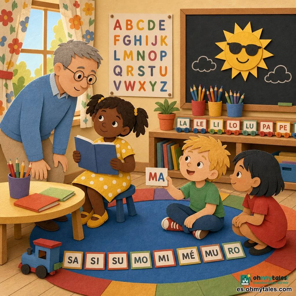 Un maestro sonriente y benevolente de rostro redondo, gafas finas y pelo gris corto, vestido con suéter azul y pantalón beige, inclinado con la mano sobre una mesa ayuda a Lía, una niña de unos 6 años con coletas castañas y vestido amarillo de lunares, que lee en voz baja desde un cuaderno sentada en un pequeño taburete; cerca, Hugo, un niño rubio de pelo alborotado y camiseta verde, sonríe sentado en la alfombra mostrando una carta "MA", y Nora, una niña de cabello corto negro y vestido rojo, está agachada atenta junto a él; el aula es luminosa con suelo de madera clara, gran alfombra colorida con un círculo azul, pizarra con un sol amarillo con gafas, carteles del alfabeto y una estantería baja con botes de lápices y cartas de sílabas en formación de tren; ambiente cálido y cooperativo, luz entrando por una ventana con cortina de flores, gestos calmados y expresión de pequeño triunfo mientras el maestro ayuda a Lía a releer una frase.