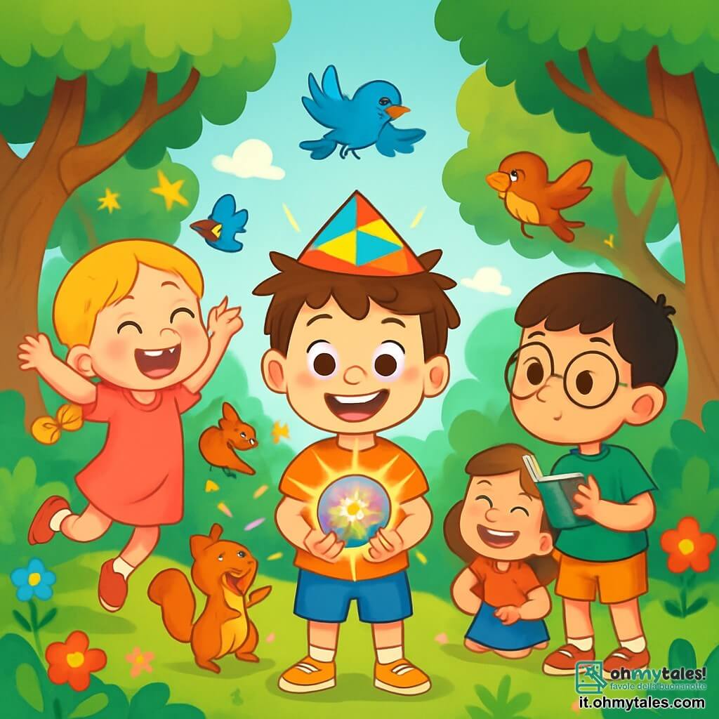 Ci sono 4 bambini: - Leo: un ragazzo di 5 anni, con capelli castani arruffati e un grande sorriso. Indossa un cappello di carta colorato e tiene un amuleto brillante in mano, in piedi al centro dell'immagine. - Sofia: una ragazza di 5 anni, con lunghi capelli biondi intrecciati e occhi scintillanti. È a sinistra di Leo, saltellando di gioia con le braccia alzate, circondata da piccole stelle scintillanti. - Marco: un ragazzo di 5 anni, con occhiali rotondi e capelli neri. È a destra di Leo, mentre prende appunti su un piccolo quaderno, con un'espressione concentrata ma divertita. - Laura: una ragazza di 5 anni, con capelli castani e un grande sorriso caloroso. È leggermente dietro Leo, ridendo con le mani sui fianchi, guardando gli animali che danzano intorno a loro. Il luogo è un parco incantato, pieno di alberi dai tronchi contorti e fiori multicolori che brillano sotto il sole. Animali come scoiattoli e uccelli danzano gioiosamente intorno ai bambini, creando un'atmosfera magica e felice. La scena principale mostra i bambini che ridono mentre l'amuleto colorato brilla intensamente, provocando una danza esilarante degli animali del parco. I bambini sono circondati da un'atmosfera di gioia e magia, con lampi di luce e colori vivaci che rendono la scena ancora più vivace.