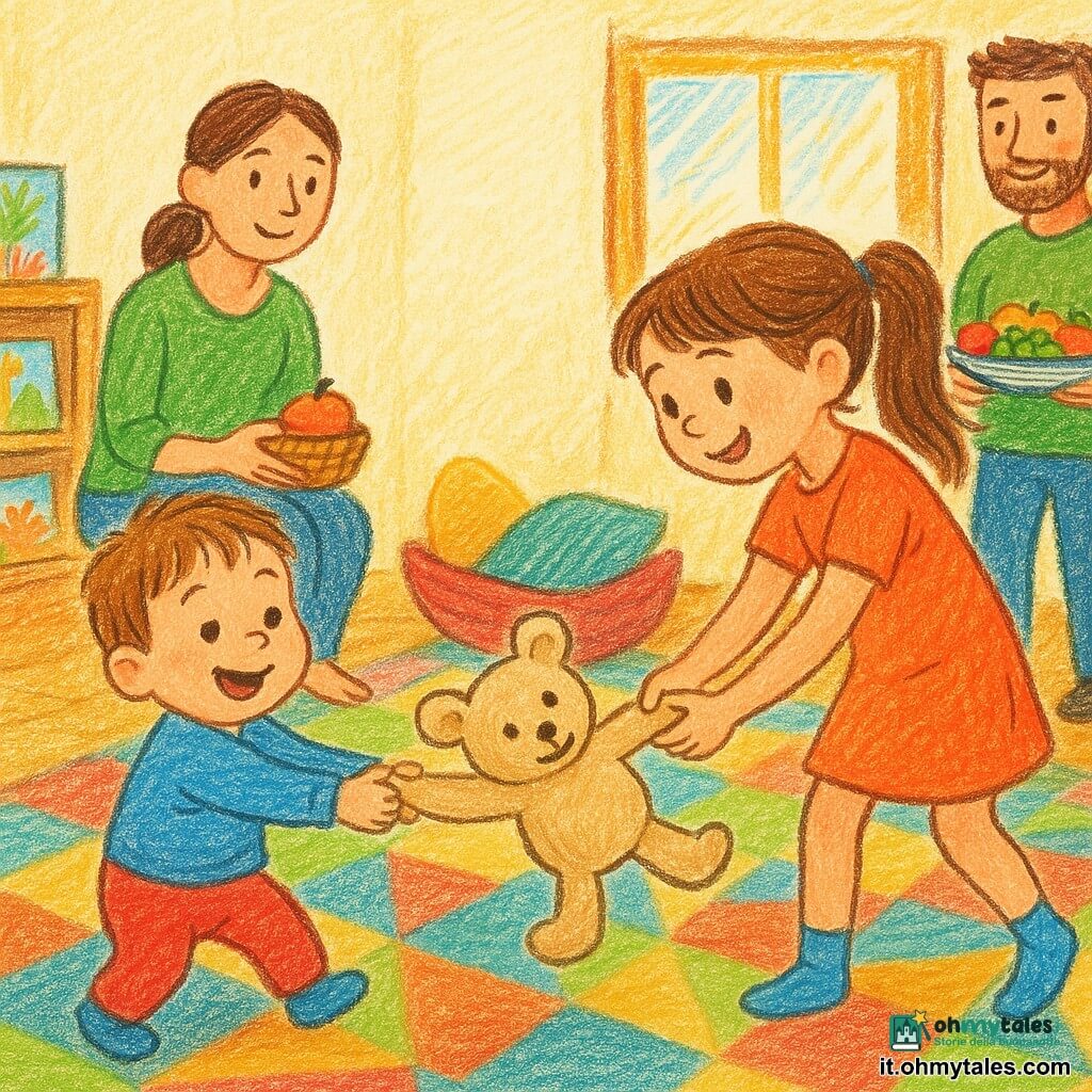 Un bambino di 2 anni felice gioca in piedi su un tappeto colorato con un orsacchiotto beige che tira; la sorella Mia di circa 4 anni, alta per la sua età e con coda di cavallo, sorride e tiene l'altro lato dell'orsacchiotto aiutandolo; la madre sui 30 anni seduta dietro di loro porge una mela in un cestino mentre il padre di circa 32 anni, con leggera barba, sta vicino alla porta con un grande piatto di frutta; salotto luminoso con tappeto a motivi geometrici, cuscini colorati ammucchiati a forma di barca, scaffali bassi con libri illustrati e luce calda dalla finestra; i bambini ridono e saltellano mentre la barca di cuscini ondeggia; colori vivaci, tratti semplici e espressioni marcate.