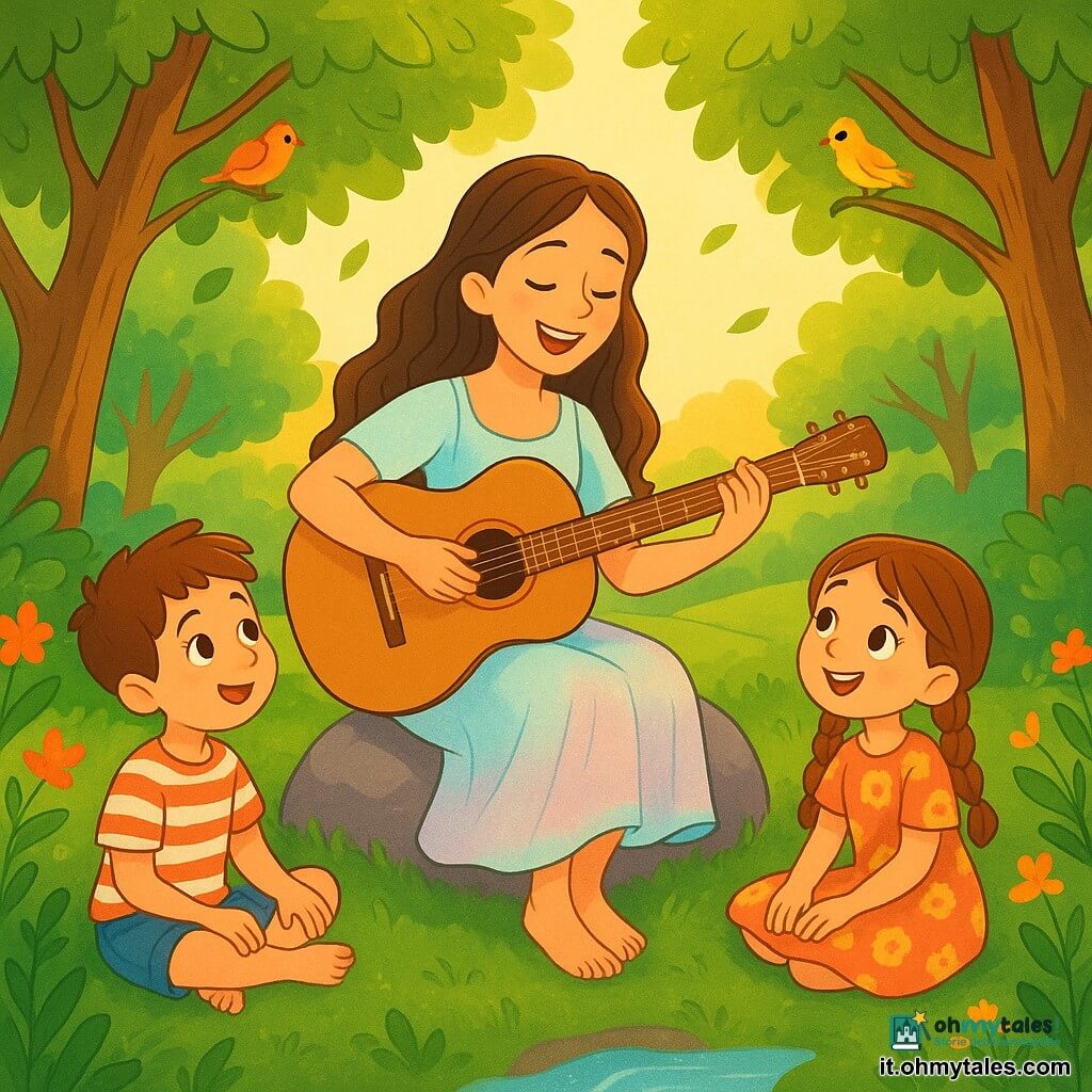 Una giovane donna di nome Luna, con lunghi capelli ondulati e un vestito leggero dai colori pastello, è seduta su una pietra morbida in mezzo a un boschetto verde. Il suo viso irradia gioia e serenità mentre suona la chitarra con un sorriso caloroso. Accanto a lei, due bambini, un ragazzo di 7 anni con una maglietta a righe e pantaloni corti di jeans, e una ragazza di 6 anni con un vestito a fiori e trecce, la ascoltano attentamente, gli occhi brillanti di meraviglia. Sono seduti in cerchio attorno a lei, a piedi nudi sull'erba morbida. Il luogo è un boschetto incantevole, pieno di alberi maestosi con foglie verdi brillanti, fiori colorati e un piccolo ruscello che scintilla sotto il sole calante. Gli uccelli cantano tra i rami, aggiungendo una melodia naturale all'atmosfera pacifica. La scena principale mostra Luna che canta una dolce melodia, circondata dai bambini rapiti dalla sua musica, mentre il vento fa danzare le foglie intorno a loro, creando un'atmosfera magica e calorosa.