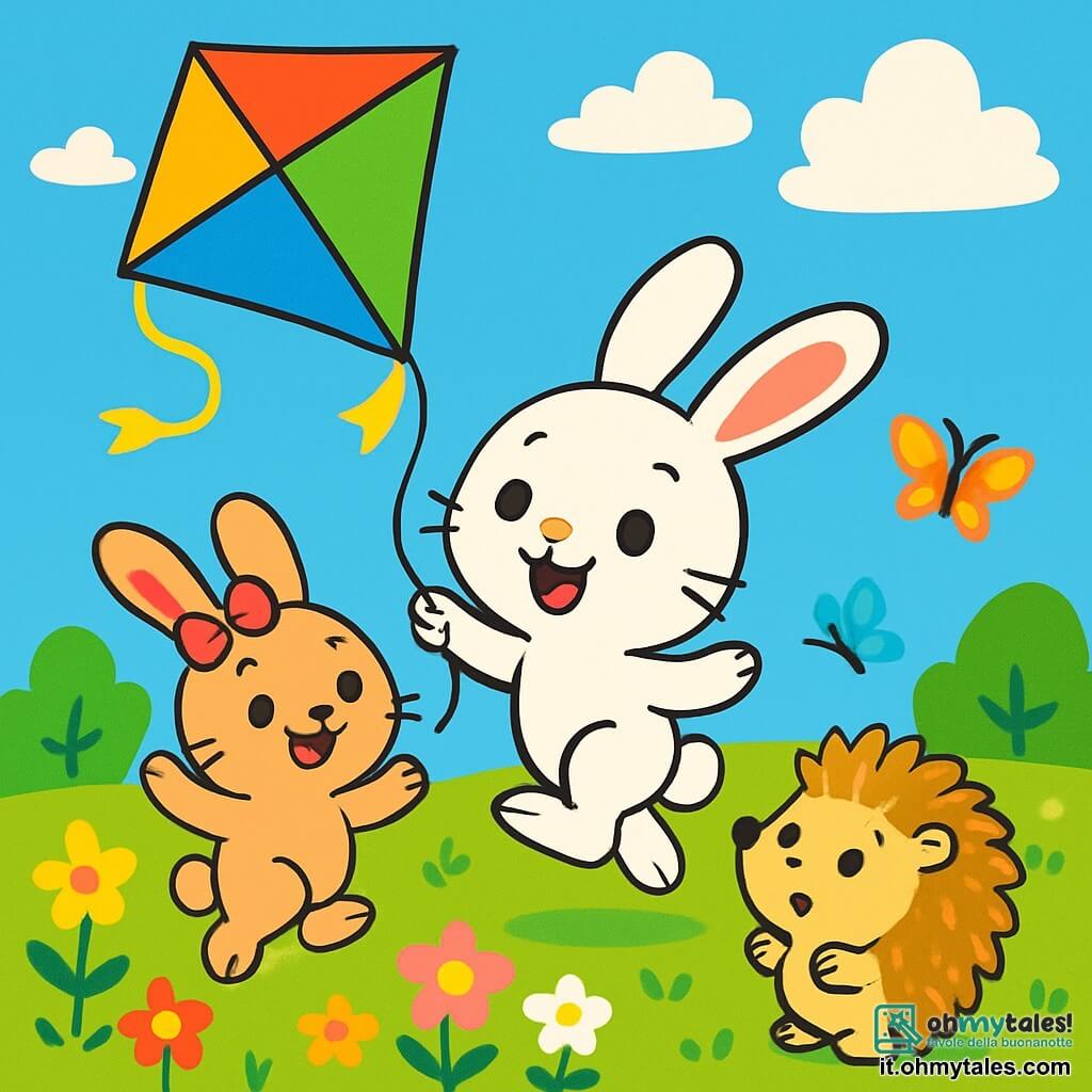 Un coniglietto bianco di nome Bianchino salta felice in un campo verde, con gli occhi brillanti e le orecchie alzate. Tiene un aquilone colorato tra le zampe, che fluttua nel cielo blu punteggiato di nuvole bianche. Accanto a lui, una coniglietta marrone chiaro con un bel fiocco rosa sorride agitandosi, piena di entusiasmo. Un altro amico, un riccio con aculei dorati, guarda il cielo con meraviglia. Il luogo è un campo soleggiato circondato da fiori colorati e alberi verdi, con farfalle che danzano attorno. In lontananza si vedono dolci colline sotto un cielo luminoso. La scena mostra Bianchino e i suoi amici mentre fanno volare l'aquilone, ridendo e divertendosi insieme in una bella giornata d'estate.