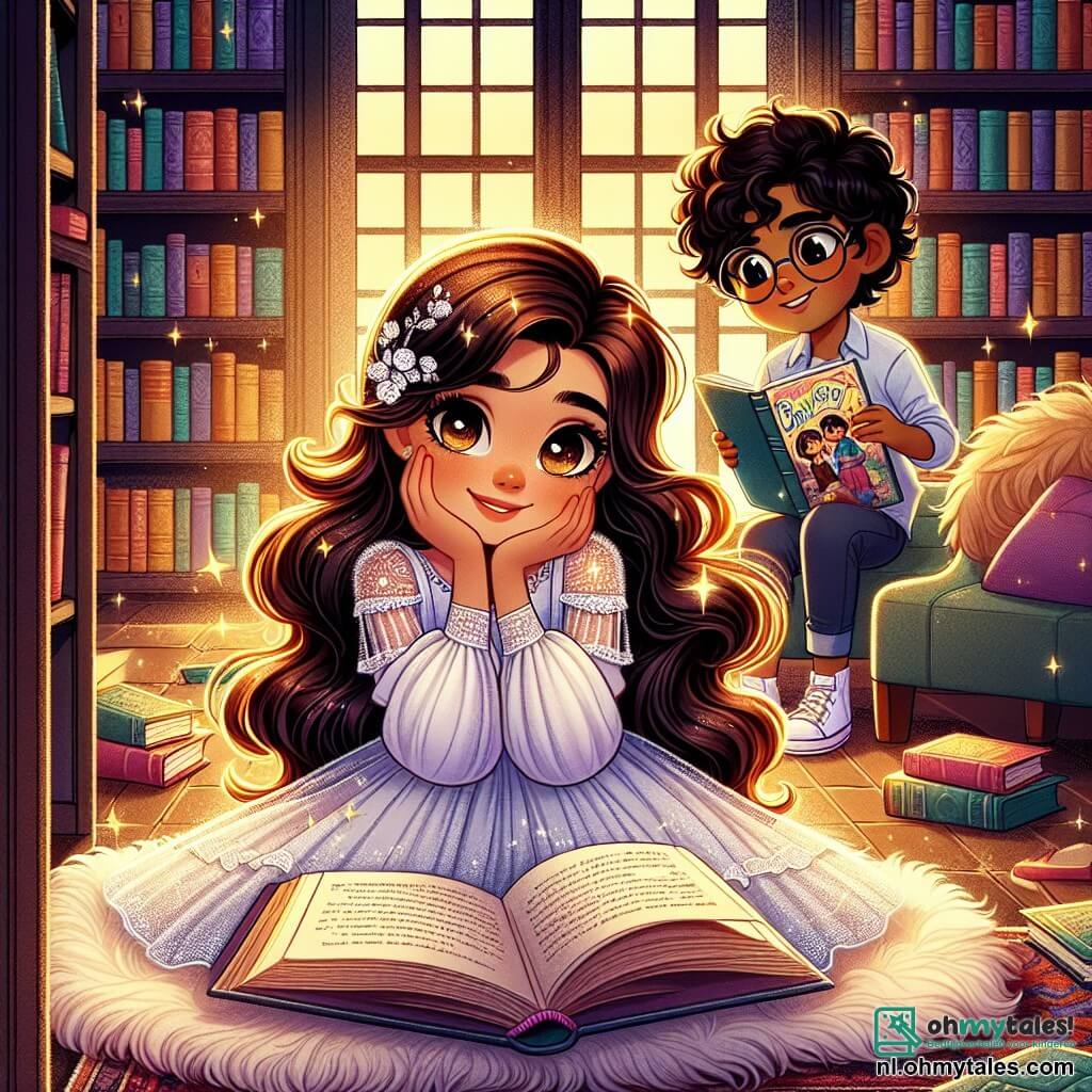 Een 10-jarig meisje, Lotte, met lange kastanjebruine haren en sterrenheldere ogen, zit in een hoek van de bibliotheek met een groot boek op haar schoot. Ze heeft een zachte, dromerige glimlach terwijl haar delicate handen de pagina's aanraken, terwijl een gouden licht door het raam filtert en haar gezicht verlicht. Naast haar zit een 10-jarige jongen, Sam, met krullend haar en ronde bril, die haar bewonderend aankijkt met een stripboek in zijn hand, zittend op een zacht kussen. De bibliotheek is groot, met donkere houten planken vol kleurrijke boeken, zachte tapijten op de grond en comfortabele fauteuils, wat een warme en uitnodigende sfeer creëert. In deze scène deelt Lotte haar passie voor verhalen met Sam, terwijl ze samen een moment van verbondenheid en ontdekking beleven, omringd door een magische sfeer van boeken die geheimen lijken te fluisteren.