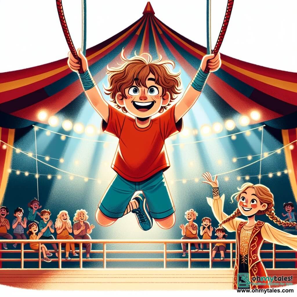 In the center of the image, a 12-year-old boy named Max, with tousled brown hair and sparkling eyes, is hanging from a trapeze bar, a big smile lighting up his face. He wears a bright red t-shirt and blue shorts, with his arms stretched towards the sky, expressing excitement and happiness about flying through the air. To his right, Isabella, a 14-year-old girl with long braided blonde hair and a sparkling trapeze costume, encourages him with a smile, ready to catch him. She is in action, arms open, showcasing her grace and confidence. In the background, the circus tent stands majestically with bright red and yellow stripes, and twinkling lights illuminating the scene. Amazed spectators, both children and adults, are seated on wooden benches, applauding and laughing, creating a festive and joyful atmosphere. The main scene shows Max performing a daring leap from the trapeze, ready to catch Isabella in a beautiful aerial choreography, while colorful balloons float in the air and confetti falls around them, adding to the magic of the moment.