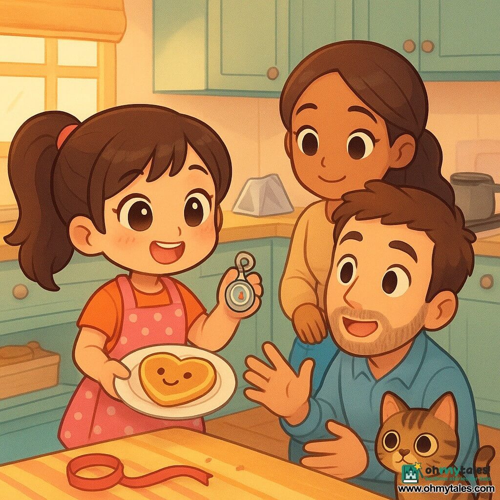 An 8-year-old girl, joyful and proud, brown ponytail, bright wide eyes, holding a small box with a compass keychain and showing a heart-shaped pancake on a plate; she smiles with rosy cheeks and wears a polka-dot apron. A gentle surprised man (father, ~35) with short brown hair and light stubble crouches at the table with open hands, moved and glowing. A calm smiling woman (mother, ~34) with long tied hair stands behind the girl, hand affectionately on her shoulder. A tabby cat (Pepper) with round eyes watches from the floor near a spool of ribbon. Warm, colorful kitchen: light wooden table with striped cloth, pastel cabinets, a pan on the stove, a small foil tent keeping pancakes warm, an open drawer showing a syrup bottle. Scene: father’s Day breakfast reveal — the girl presents the heart pancake and compass keychain; cozy, cute details (jam smile on the pancake, floating ribbons, crumbs, soft steam), warm morning light, warm pastel palette, expressive friendly chibi kawaii style.
