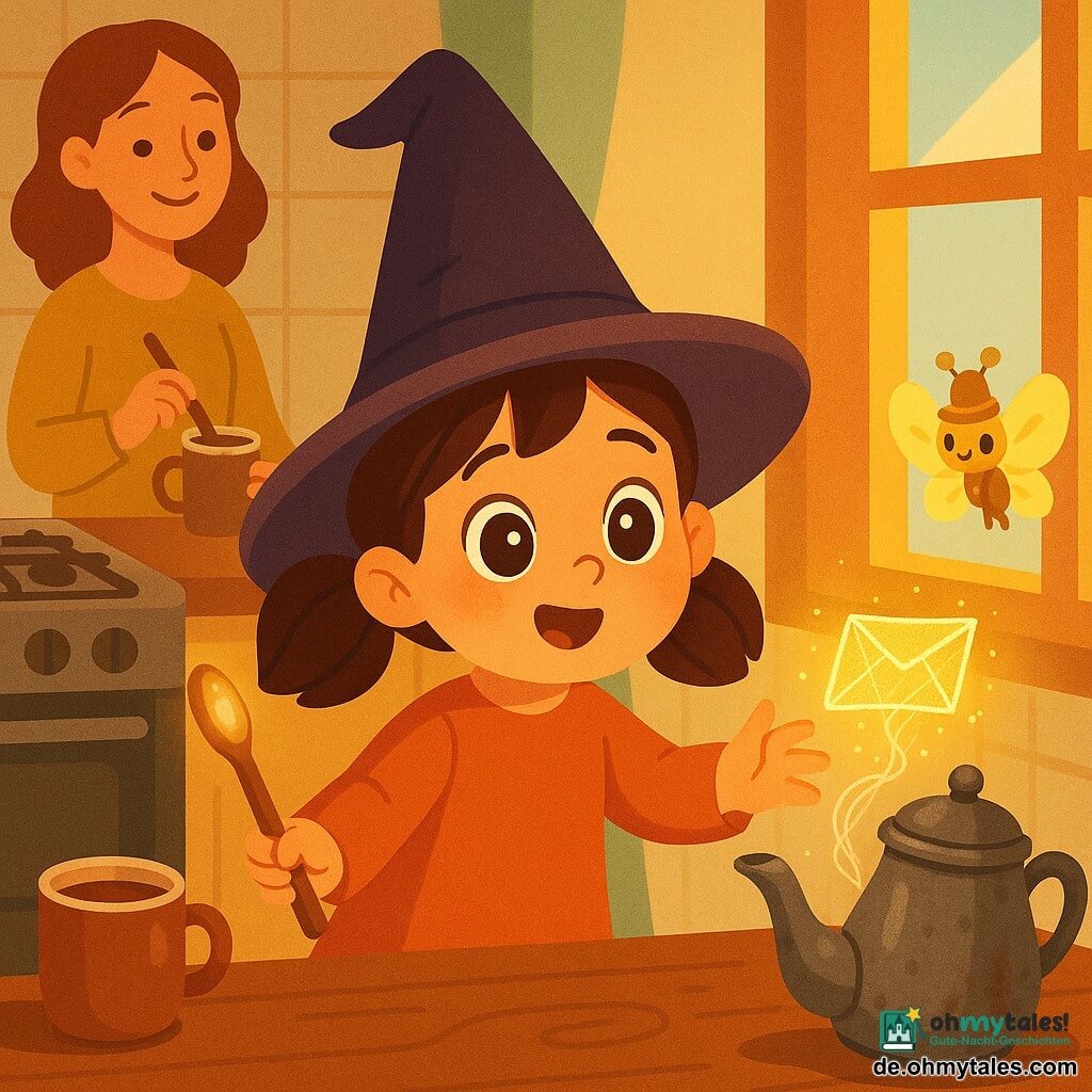 Mila, angehende Hexe, fünf Jahre alt, mit staunendem, mutigem Ausdruck, großen glänzenden Augen und braunen Zöpfen, hält einen kleinen Holz-"Zauberstab" (ein alter Löffel) und reicht die Hand zu einem aus schimmernden Fäden geformten Buchstaben, der aus einer alten Teekanne steigt; ein kleiner goldener Nachtfalter mit winzigem Hut blinzelt und setzt sich auf den Fensterbrett zu Milas rechter Seite, als würde er ihr zuwinken; im Hintergrund unscharf eine lächelnde Mutter (~30) die links am Arbeitsplatz heiße Schokolade umrührt und eine warme Atmosphäre schafft; die Küche ist gemütlich und vintage mit hellen Fliesen, altem schwarzem Gasherd, einer abgenutzten Metallkanne, die lichtfäden wie Seide ausstrahlt, einer dampfenden Kakaotasse und sanften Sonnenstrahlen durchs Fenster; Szene: magische Entdeckung — leuchtende Fäden formen einen Buchstaben, schweben aus der Teekanne, es riecht nach heißer Schokolade und Mila, fasziniert und leicht überrascht, greift mit ihrer Löffel-Zauberstab danach; Stil: warme, kräftige Farben, einfache runde Formen, weiche Texturen und klare Konturen im Stil einer Vektorillustration für Kinderbücher.