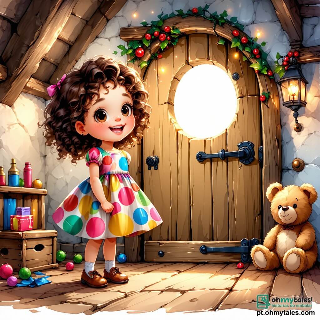 Uma menina de 2 anos, com cabelos cacheados e castanhos, grandes olhos curiosos, está diante de uma porta secreta em um velho sótão. Ela usa um vestido colorido com bolinhas e um sorriso encantado ilumina seu rosto enquanto abre a porta com entusiasmo. Ao seu lado, seu amigo Tico, um urso de pelúcia macio, está sentado no chão, olhando para a porta com olhos arregalados, como se estivesse pronto para a aventura. O sótão está cheio de brinquedos antigos, livros empoeirados e teias de aranha brilhando na luz suave que entra pela janela. Caixas estão empilhadas em um canto, e raios de sol iluminam a cena, criando uma atmosfera mágica. A situação principal mostra a menina e Tico descobrindo o mistério da porta secreta, prontos para entrar em um mundo de aventuras e tesouros escondidos.