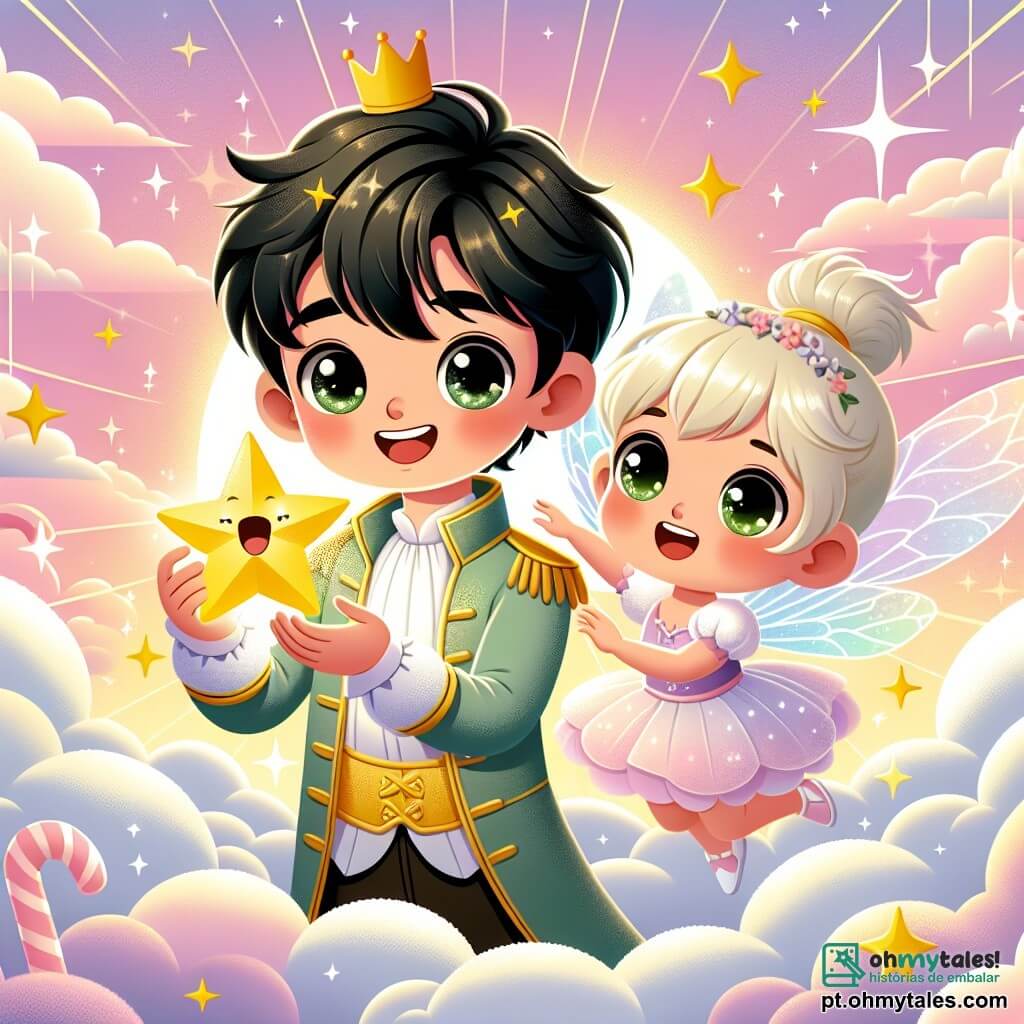 Um príncipe chamado Luan, com cerca de 10 anos, está em pé sobre uma nuvem macia e branca como algodão. Ele tem cabelos pretos brilhantes, olhos cheios de curiosidade e um sorriso radiante que ilumina seu rosto. Em suas mãos, ele segura uma estrela dourada que brilha e emite uma luz suave. Ao seu lado, uma pequena fada de 8 anos, com asas translúcidas, voa alegremente. Ela tem cabelos loiros e olhos verdes brilhantes, dançando ao redor de Luan e rindo com admiração. A cena ocorre em um céu pastel, salpicado de nuvens rosas e roxas, com raios de sol dourados filtrando através. Ao longe, montanhas de algodão doce se erguem majestosamente. A situação principal mostra Luan e a fada descobrindo juntos a magia da estrela, enquanto estrelas cintilantes dançam ao redor deles, criando uma atmosfera de alegria e aventura.