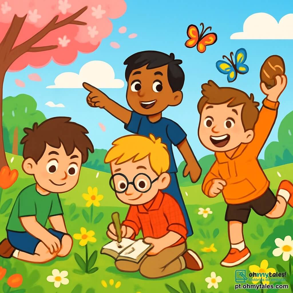 Há 4 crianças: - Raul: menino de 10 anos, com cabelos castanhos bagunçados e olhos brilhantes. Ele usa uma camiseta verde e um short azul, sentado na grama, observando uma pequena flor amarela que acabou de brotar. - Pedro: menino de 10 anos, com cabelos loiros e óculos redondos. Ele veste uma camisa xadrez vermelha e uma calça bege, agachado ao lado de Raul, desenhando a flor em seu caderno. - André: menino de 10 anos, com cabelos negros e um sorriso radiante. Ele usa uma camiseta azul-marinho e jeans, em pé, apontando para um grupo de borboletas coloridas que voam ao redor. - Vasco: menino de 10 anos, com cabelos castanhos e sardas no nariz. Ele veste um moletom laranja e um short preto, pulando alegremente, segurando um ovo de Páscoa de chocolate na mão. O local é um parque primaveril, cheio de flores vibrantes de todas as cores: tulipas vermelhas, narcisos amarelos e margaridas brancas. As árvores estão floridas, com ramos carregados de pétalas rosas. O céu é de um azul brilhante, pontilhado de nuvens brancas e fofas. A cena principal mostra as crianças explorando, maravilhadas com a beleza da natureza. Elas riem e se divertem, descobrindo insetos e flores, compartilhando a alegria de estarem juntas neste jardim vibrante de vida.