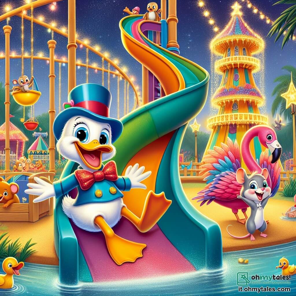 Un'anatra felice di nome Quacky, con un elegante cappello a cilindro blu e un papillon rosso, scivola con un grande sorriso su un immenso scivolo colorato in un parco giochi magico. Accanto a lui, Fifi, un elegante fenicottero rosa dalle piume brillanti, ride di gusto, con le ali spiegate, pronta a seguirlo nell'avventura. Sullo sfondo, un piccolo topo di nome Squeaky, con il pelo grigio e gli occhi scintillanti, osserva con meraviglia, vicino a un grande totem in legno intagliato. Il parco giochi è pieno di colori vivaci, con altalene scintillanti, strutture a forma di animali e luci brillanti che illuminano la notte stellata. La scena mostra Quacky e i suoi amici divertirsi insieme, ridere e giocare, catturando lo spirito di un'avventura notturna piena di gioia e amicizia.