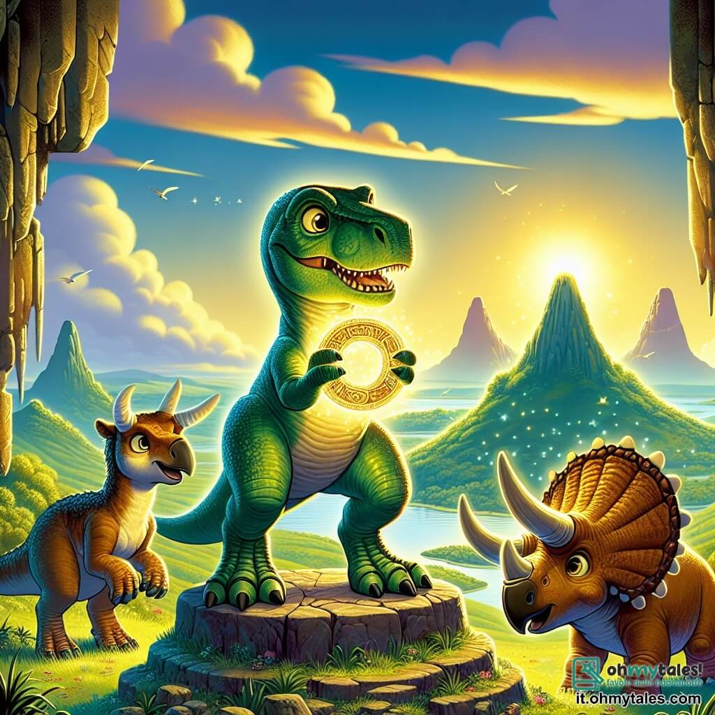 Un giovane Tyrannosaurus Rex, con un corpo muscoloso e squame verdi brillanti, si trova al centro dell'immagine, con gli occhi pieni di eccitazione e curiosità, mentre tiene un artefatto scintillante tra le sue zampe. Accanto a lui, una giovane triceratopo di nome Zola, con le sue tre corna maestose e il manto marrone, guarda con meraviglia l'artefatto, le sue grandi orecchie in ascolto. Un po' indietro, un parasaurolophus di nome Pina, con la sua cresta distintiva e il manto giallo, si avvicina sorridendo, incuriosita dalla scoperta. La scena si svolge sulla cima del Monte Eco, un paesaggio maestoso con rocce scoscese, nuvole fluttuanti e una vista panoramica su un'isola verdeggiante, illuminata dalla luce dorata del sole al tramonto. Al centro, l'anello di pietre antiche brilla di una luce mistica, creando un'atmosfera magica. Rex e i suoi amici scoprono l'artefatto antico, illuminando il cielo e rivelando i segreti del tempo, mentre una dolce brezza fa danzare le foglie intorno a loro, aggiungendo incanto a questo momento.