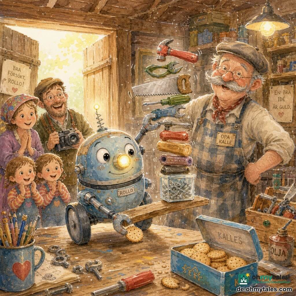 Rollo, ein zweirädriger, pastellblau lackierter Rundkörperroboter mit entschlossener, fröhlicher Miene und einer gelben, sanft blinkenden Taschenlampen-Nase, berührt mit einer silbernen Magnethand vorsichtig einen instabilen Turm aus Werkzeugen, während Opa Kalle, ein großer, lächelnder alter Mann mit dicker grauer Schnurrbart und kariertem Bastelkittel, stolz mit den Händen in den Hüften hinter ihm steht; links applaudiert eine kleine Schar Nachbarn (eine Frau mit bunter Mütze, ein Mann mit Kamera, zwei neugierige Zwillingskinder) im warmen Licht einer offenen Tür; die Szene spielt in einer alten Holzwerkstatt mit sichtbaren Dielen, einer Werkbank voller bunter Werkzeuge (Hammer, Zange, Säge, Glasdose mit Schrauben), beschrifteten Kisten und einer offenen Keksdose neben dem Turm, in dem Moment, in dem Rollo mit einem kleinen Keks als Keil unter einer Latte einen sehr schiefen, aber ausbalancierten Turm aus zehn leicht schief gestapelten Werkzeugen hält, umgeben von weichen Schatten, Aquarellspritzern und einer warmen, hoffnungsvollen Atmosphäre.