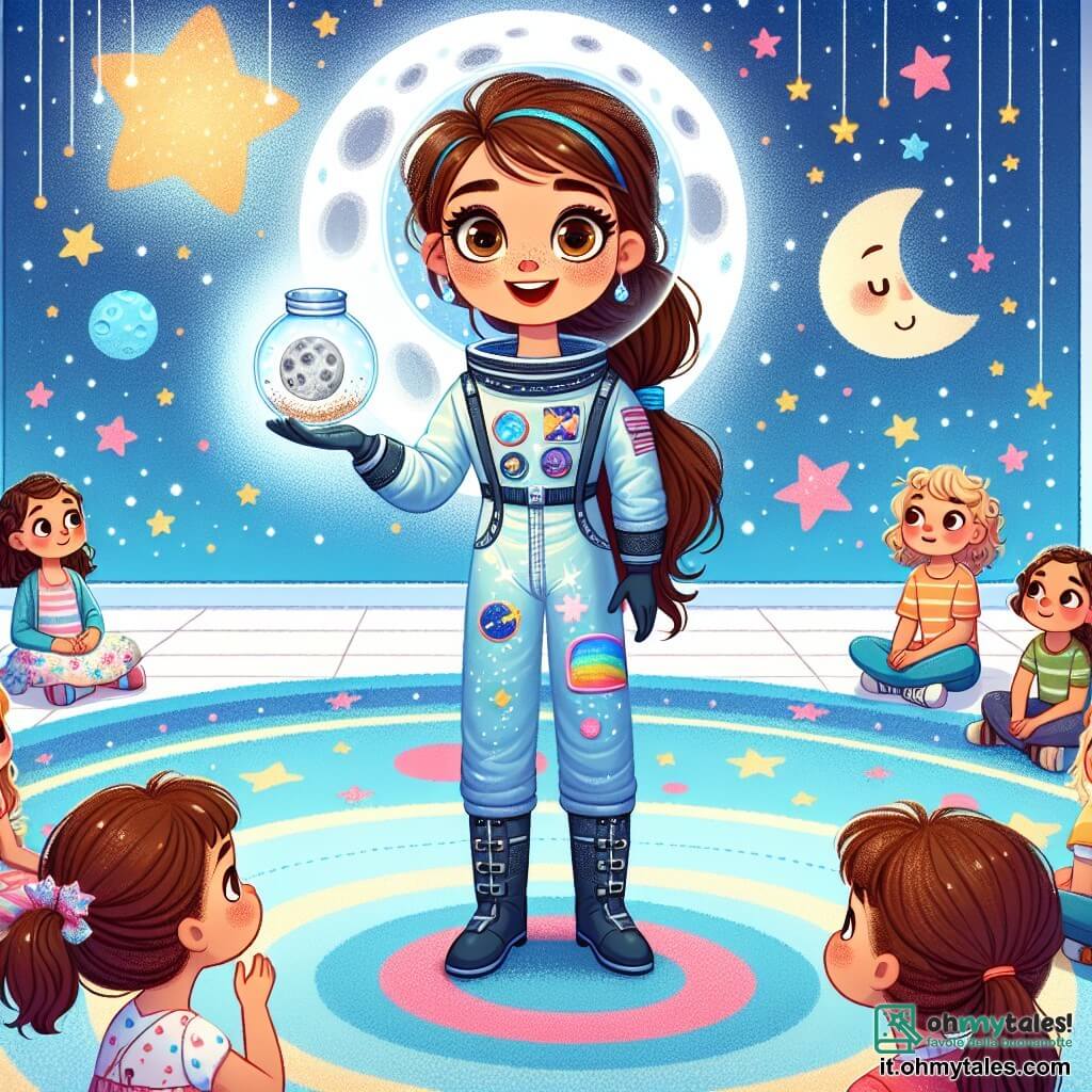 Sofia, un'astronauta con i capelli castani raccolti in una coda di cavallo, indossa una tuta spaziale brillante e sorride con meraviglia. I suoi occhi brillano di gioia mentre tiene un piccolo barattolo di vetro contenente polvere lunare, pronta a condividere il suo tesoro con i bambini. Giulia, sua sorella minore di 8 anni, con i capelli ricci e gli occhi sgranati, è accanto a lei, con le braccia alzate in segno di eccitazione. Indossa un vestito colorato e guarda Sofia con ammirazione. La scena si svolge in un centro culturale luminoso, con muri dipinti di blu cielo e stelle e pianeti disegnati. I bambini seduti in cerchio sul pavimento colorato ascoltano attentamente, i loro volti illuminati dalla curiosità. Sofia racconta le sue avventure spaziali ai bambini, mostrando il barattolo di polvere lunare, mentre i bambini, affascinati, immaginano viaggi interstellari e sognano di diventare astronauti.