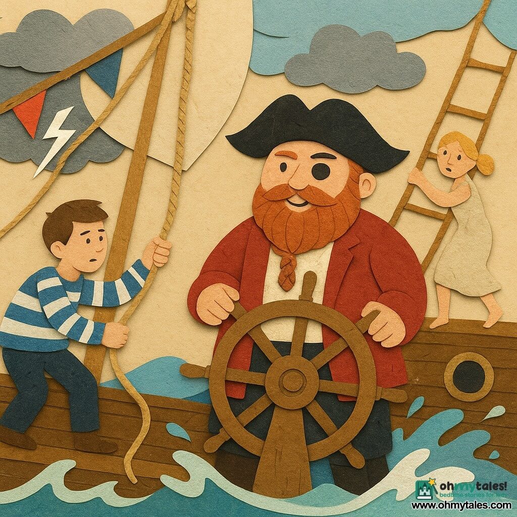 A pirate named Captain Jack with a round face, braided red beard, wide black hat and confident smile steers a varnished wooden ship wheel on the deck of the "Sea Star"; to his left a 12-year-old cabin boy with short brown hair and a blue-and-white striped jacket pulls a rope by the mast; in the background right a rescued woman of about 30 with tied blond hair and a wet simple dress crosses a gangplank between boats; the dark brown wooden deck has coiled beige ropes, torn colorful flags and paper-cut water splashes, with paper-cut gray and blue clouds, white stylized lightning and layered turquoise-and-white paper waves crashing against the hull; a dramatic but joyful rescue scene with characters helping each other, clear readable movement, bright contrasting colors, visible paper textures, simple shapes and bold outlines