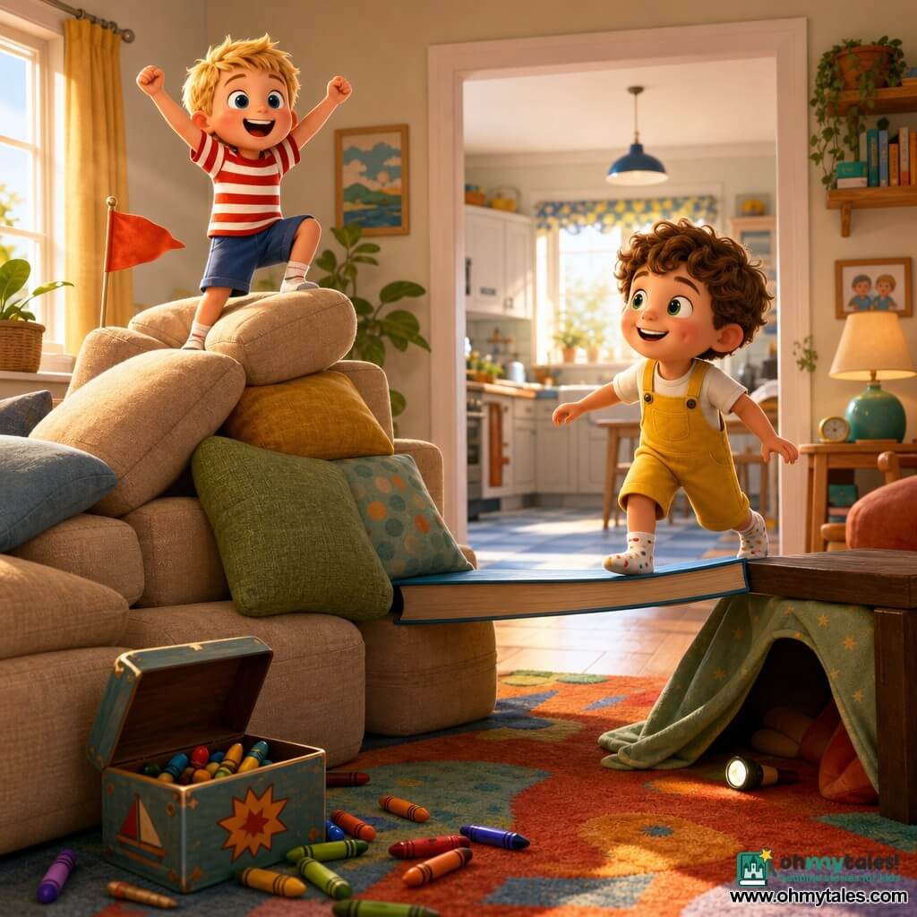 Two 5-year-old boys in a sunny living room turned adventure: a blond boy in a red-and-white striped T-shirt and blue shorts climbs a beige sofa piled with cushions like a mountain at left, arms raised, while a curly brown-haired boy with green eyes, freckles and a yellow dungaree with polka-dot socks carefully crosses a bridge made from a large book over a drawn "river" on a colorful rug at right; a dark coffee table forms a shaded cave, a bright kitchen with blue tiled floor is visible behind, and an open box of colored pencils labeled treasure sits nearby.