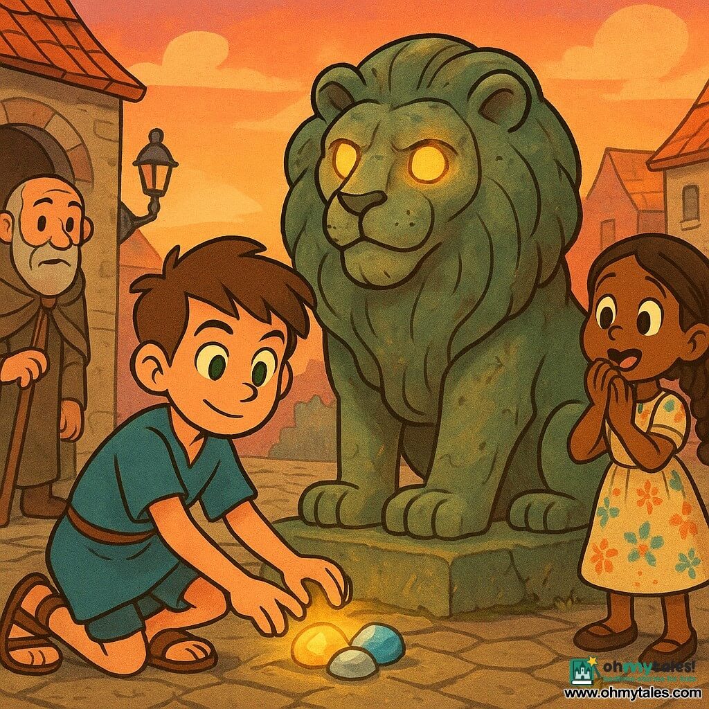 A young boy, Marcus (about 14), kneels in the foreground with a gentle determined face, bright green eyes and short tousled brown hair, wearing a simple blue tunic and leather sandals, placing three small glowing stones—gold, blue, and silver—before a large stone lion statue; a curious girl (about 7) with braided hair and a floral dress stands a few steps to the right, hands to her mouth and amazed, while an elderly villager (about 60) with a short gray beard, worn cloak and walking stick watches from a stone house doorway to the left; the massive lion statue, weathered with cracks and green moss, sits in the center of a small paved square and its hollow eyes are beginning to glow warm golden light; the old town square has red roofs, stone houses, wrought-iron lamps, small flowers between the cobbles and a pink-orange sunset sky; the scene captures a calm, solemn moment of returning magic as light pours from the stones and warms the statue, in a rubber-hose style with rounded shapes, thick outlines and exaggerated expressions, using a palette of warm golds, soft blues, mossy greens and pastel accents.