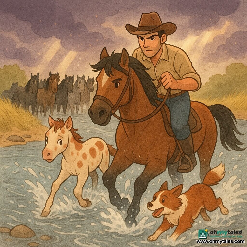 An adult man (about 35) with a brown cowboy hat, tanned skin and stubble, determined expression, sits on a large bay horse holding the reins as they cross a choppy river; the only secondary human is the dog Rusty, a red-and-white shepherd running between hooves to guide a frightened cream foal with chestnut patches and wide eyes near the left bank; behind them a dozen horses of varied coats press together with wet manes; setting: a wide river with silver currents, glossy stones, ochre sandy banks and tall yellow grass under a stormy purple sky pierced by rays of sun and floating dust; scene: a tense herd crossing in a rising storm—splashes, wind-tossed manes, fear and courage, dynamic water and movement; visual style: warm muted tones with gray, soft outlines, watercolor-pencil textures, composition centered on the man on horseback and the dog in action.