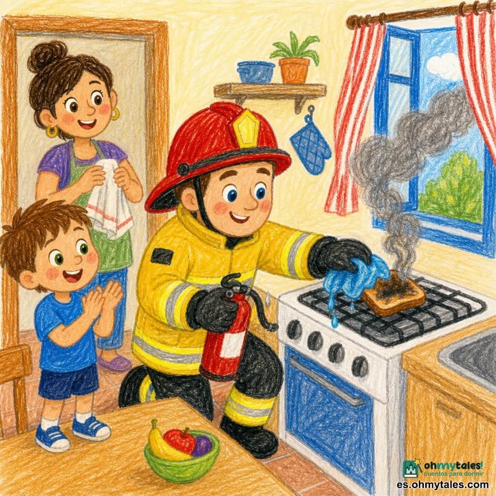 Un bombero sonriente de mejillas redondas y ojos brillantes, con casco rojo brillante y chaqueta amarilla reflectante, arrodillado junto a una parrilla de cocina sosteniendo un pequeño extintor; apaga suavemente una tostada humeante con un paño húmedo mientras el humo sale por la ventana abierta. Un niño de unos 5 años, pelo castaño corto, aplaude alegre junto a la mesa con camiseta azul y pantalón corto. La madre, de unos treinta años, con el pelo recogido en un moño, mira aliviada desde la puerta secándose las manos con un trapo. Cocina pequeña y clara, mesa de madera clara, cortina a rayas rojas. Estilo: dibujo simple a lápiz, colores vivos, trazos suaves, contornos anchos, textura de lápiz visible.