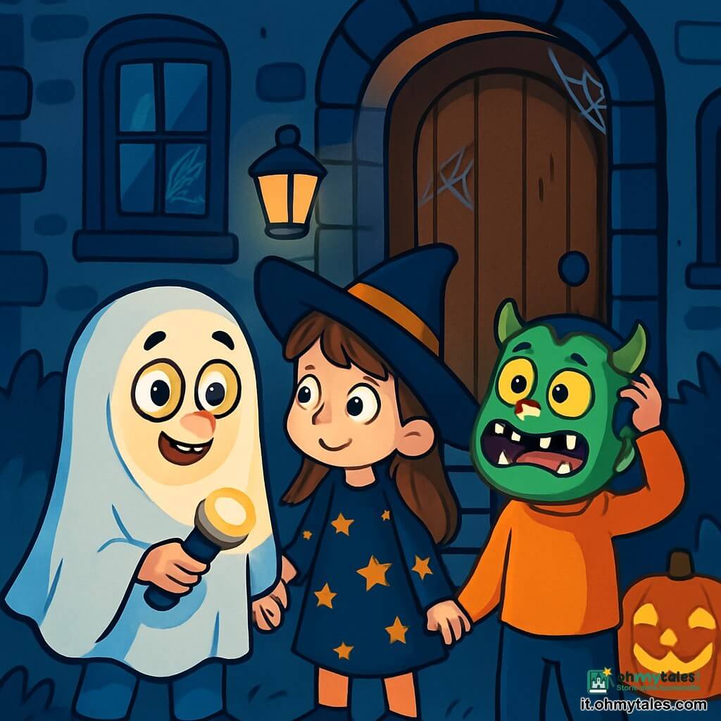 Un ragazzo di 6 anni, di nome Tommaso, si trova coraggiosamente davanti a una vecchia casa misteriosa. Ha grandi occhi curiosi, un sorriso timido e indossa un costume da fantasma fatto di un lenzuolo bianco con dei fori per gli occhi. La sua torcia illumina il suo viso, rivelando un'espressione di eccitazione mista a un po' di apprensione. Accanto a lui, una ragazza di 6 anni, Martina, è travestita da streghetta con un cappello a punta nero e un vestito decorato di stelle. Guarda Tommaso con ammirazione, pronta a seguirlo nell'avventura. Un altro ragazzo, Samuele, anch'egli di 6 anni, indossa una buffa maschera da mostro e si gratta la testa, un po' esitante, ma divertito dalla situazione. La scena si svolge davanti a una casa antica, con muri in pietra grigia, una porta in legno usurata e finestre ornate di ragnatele. Lanterne di zucca sorridenti decorano il portico, proiettando una luce calda nella notte di Halloween. Tommaso, insieme ai suoi amici, si prepara a entrare nella casa, dove l'atmosfera è misteriosa e piena di promesse di dolcetti. Ridono e si tengono per mano, pronti a scoprire i segreti che si celano dietro la porta.