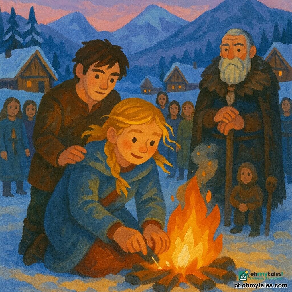 Astrid, jovem (≈18–20), rosto redondo iluminado, olhar resoluto e caloroso, cabelos loiros trançados embaraçados pelo vento, agachada junto ao fogo acendendo uma brasa com um pederneira, mãos levemente avermelhadas pelo frio; Eirik, jovem (≈20–25), magro, cabelo castanho bagunçado, expressão desconfiada agora serena, atrás dela com a mão no ombro em apoio; Ulf, chefe idoso de Skjold (≈60), barba grisalha trançada, manto de pele escura, observa emocionado com as mãos num cajado; alguns aldeões de ambos os clãs em semicírculo ao fundo, roupas de lã e couro, alguns com tochas apagadas; local: vale nevado entre duas aldeias de madeira, pinheiros e montanhas ao longe, crepúsculo violeta-rosa; cena: grande fogo de trégua crepitante no centro, chamas quentes projetando sombras, fumaça subindo, atmosfera de reconciliação e esperança; estilo: gouache com traços suaves, pinceladas visíveis, cores frias para a neve e quentes para o fogo, composição centrada em Astrid e no fogo, atmosfera íntima e heróica.