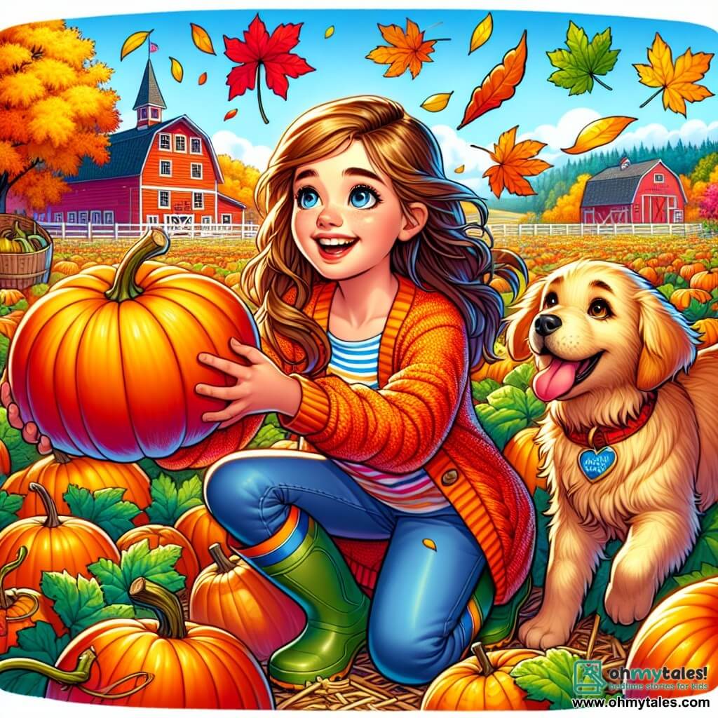 A 12-year-old girl, Emily, with long brown hair and sparkling curious eyes, wears a bright orange sweater and rubber boots. She stands in the middle of a pumpkin patch, a big smile on her face, amazed by the vibrant colors of the autumn leaves around her. Nearby, her dog Max, a joyful golden retriever, runs around her, tongue hanging out and his golden coat shining in the sun. In the background, Maple Farm stands with its old red barn and trees with golden leaves, creating a warm and welcoming atmosphere. Emily is choosing the perfect pumpkin, her hands reaching out to a round, shiny pumpkin, while colorful leaves gently fall around her, adding to the magic of this beautiful autumn day.