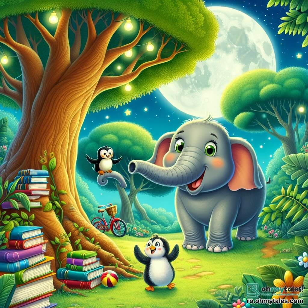 Un elefant vesel numit Rufus, cu pielea gri și urechi mari, stă în centrul imaginii, zâmbind larg cu trompa ridicată, înconjurat de cărți colorate. În dreapta sa, Pippa, un pinguin mic cu pene negre și albe, jonglează cu o minge mică, cu ochii strălucind de entuziasm. În stânga, Harvie, un hamster drăguț cu blană aurie, stă pe o bicicletă, râzând în timp ce ține o carte deschisă. Scena are loc într-o poiană fermecătoare din junglă, iluminată de lumina blândă a lunii, cu copaci luxurianți și flori strălucitoare care înconjoară personajele. În fundal, se poate observa un copac mare cu o ramură joasă pe care sunt așezate alte cărți. Situația principală arată cum Rufus și prietenii săi sărbătoresc recuperarea cărților dispărute, înconjurați de râsete și bucurie, pregătiți să citească împreună sub cerul înstelat.