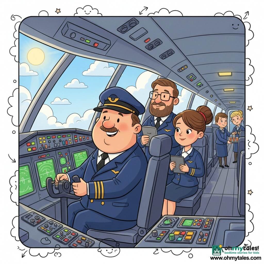 A smiling, confident Captain Tom with a round face and thin mustache wears a neat navy uniform with gold epaulettes and a shiny cap, seated at the cockpit controls with hands on the yoke, beside him co-pilot Mia (≈30) with brown hair in a bun, attentive and checking a tablet; flight engineer Lee (≈40) with a beard and glasses stands behind the seats with a notebook, and two cabin crew—Sam (≈25) passing a drink tray in the aisle and Lila (≈28) with braided blonde hair helping a passenger—are visible; the bright modern cockpit shows black panels with colorful buttons, green and blue screens, round windows framing blue sky and white clouds, the crew preparing for takeoff in an organized, safe, cheerful morning light, with childlike overlay doodles of smiling clouds, arrows pointing to instruments, and stars around the people.