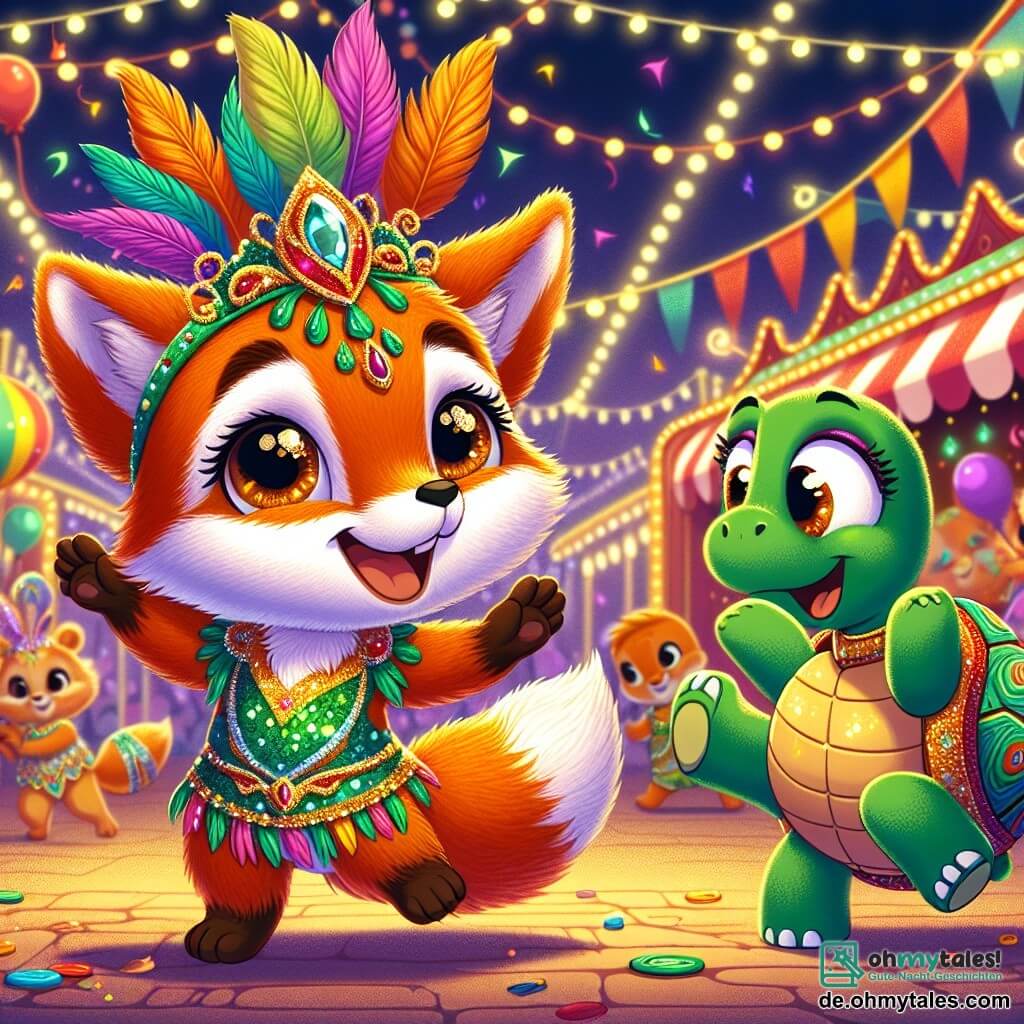 Ein kleiner Fuchs mit leuchtend orangefarbenem Fell und funkelnden Augen tanzt fröhlich auf einem Karnevalsfest, ein breites Lächeln auf seinem Gesicht. Neben ihm steht eine Schildkröte mit einem grünen, bunt gemusterten Panzer, die bewundernd zuschaut und mit strahlenden Augen im Takt der Musik applaudiert. Ein kleiner Hase mit großen weißen Ohren hüpft begeistert hinter dem Fuchs und trägt einen lustigen Hut, während er einen schelmischen Gesichtsausdruck zeigt. Die Szene spielt auf einem festlichen Platz, geschmückt mit bunten Girlanden und schwebenden Ballons, mit Süßigkeitenständen und funkelnden Lichtern, die die fröhliche Atmosphäre erhellen. Im Mittelpunkt dieser Feier tanzt der kleine Fuchs, umgeben von seinen Freunden, und zieht alle Tiere in einen festlichen Tanz, wodurch eine Atmosphäre von Glück und Kameradschaft entsteht.
