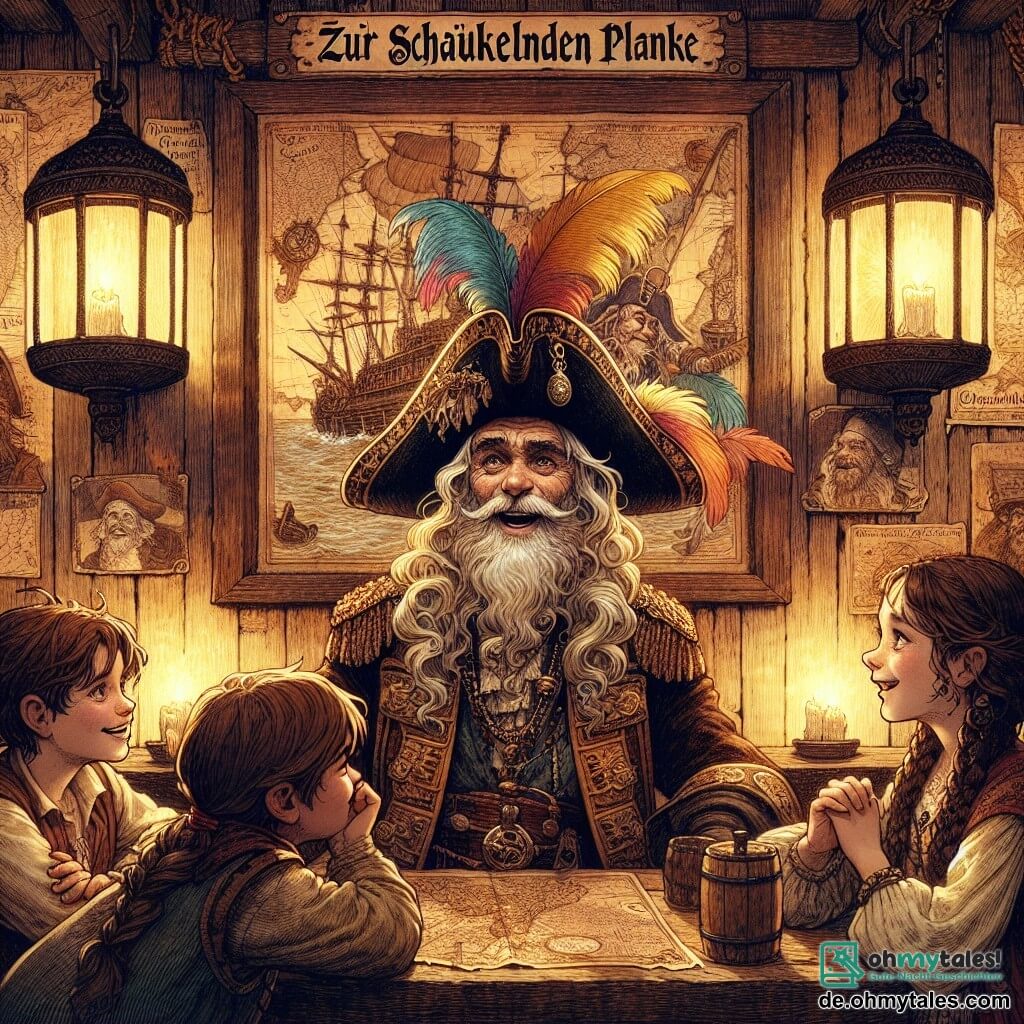 Der Hauptcharakter, Kapitän Bartholomäus, ist ein älterer Mann mit langen weißen Haaren, die im Wind wehen, und einem großen Piratenhut, der mit einer bunten Feder geschmückt ist. Sein Gesicht ist von Falten gezeichnet, doch seine Augen strahlen eine fröhliche Weisheit aus, während er den Kindern eine fesselnde Geschichte erzählt. Unter den Nebenfiguren ist Finn, ein etwa 8-jähriger Junge mit zerzausten braunen Haaren und einem gestreiften Hemd, der am Tischrand sitzt, mit weit aufgerissenen Augen voller Aufregung und aufmerksam dem Kapitän lauscht. Lila, ein 7-jähriges Mädchen mit Zöpfen und einem mutigen Lächeln, steht neben Finn, die Hände in die Hüften gestützt, bereit, Fragen zu stellen. Die Szene spielt in der Taverne "Zur schaukelnden Planke", deren Wände mit alten Karten und Piratenporträts dekoriert sind. Schmiedeeiserne Laternen erhellen den Raum mit warmem Licht und schaffen eine einladende, abenteuerliche Atmosphäre. Die Hauptsituation zeigt Kapitän Bartholomäus, der von seinem unglaublichen Abenteuer auf einer geheimnisvollen Insel erzählt, wo er gegen einen riesigen Kraken kämpfte, um einen Schatz zu finden, während die Kinder gebannt seinen Worten lauschen und von ihren eigenen Abenteuern träumen.