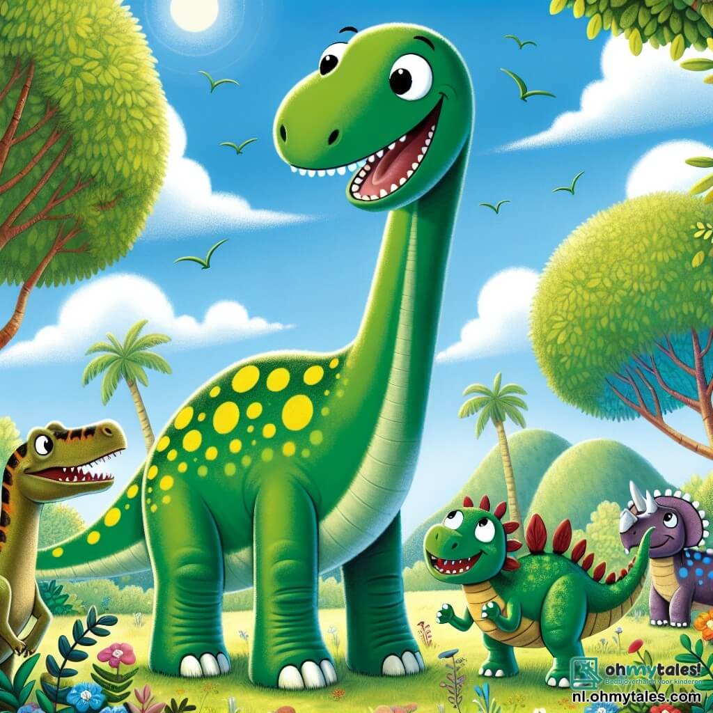 Een grote diplodocus genaamd Dippy, met een lange groene nek en gele vlekken, heeft een brede glimlach van opwinding. Hij staat rechtop in een zonnige open plek, omringd door grote bomen met weelderig loof, terwijl kleurrijke bloemen om hem heen bloeien. Naast hem kijkt een T-rex genaamd Rex, met groene schubben en korte armen, naar Dippy met nieuwsgierige ogen, klaar om te helpen. Een stegosaurus met kleurrijke rugplaten en een triceratops met een grote hoorn staan iets verderop, glimlachend en wachtend om aan het avontuur deel te nemen. De lucht is helderblauw met enkele donzige witte wolken, en een lichte bries laat de bladeren van de bomen dansen. De hoofdscène toont Dippy en zijn vrienden die zich voorbereiden om op avontuur te gaan, vrolijk samen zingend, met een sfeer van kameraadschap en voelbare opwinding in de lucht.