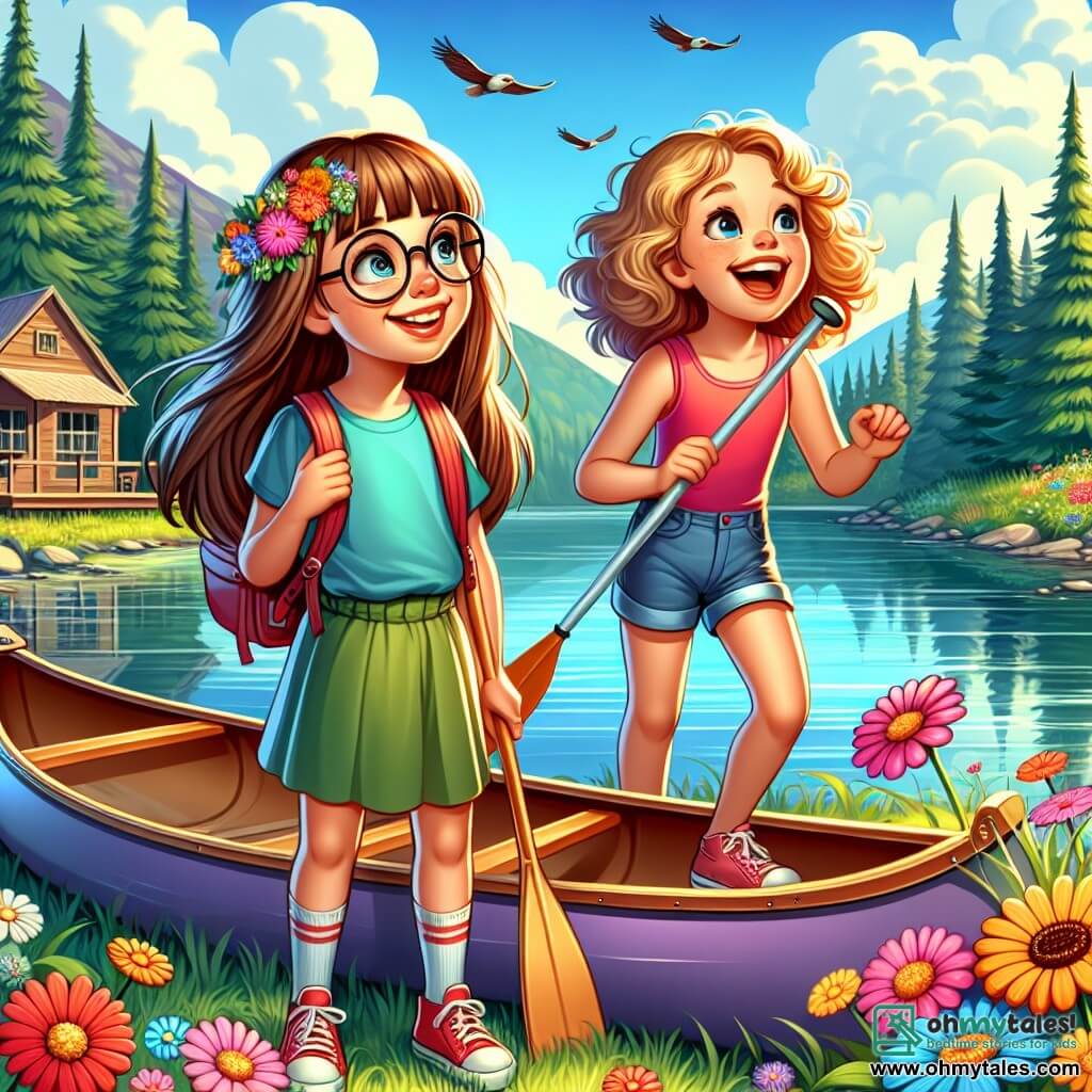 A 12-year-old girl with long brown hair and round glasses smiles in wonder, her eyes sparkling with joy as she stands by a shimmering lake surrounded by brightly colored wildflowers. Next to her, another 12-year-old girl with curly blonde hair laughs while holding a paddle, ready to go canoeing. They are both wearing colorful t-shirts and shorts, with bare feet in the green grass. The scene is set in a beautiful summer camp, with majestic trees gently swaying in the wind, a clear blue sky dotted with fluffy white clouds, and rustic wooden cabins in the background. The main focus shows the two energetic and enthusiastic girls eager to embark on a colorful canoe, excited to explore the lake's wonders and share new adventures together.