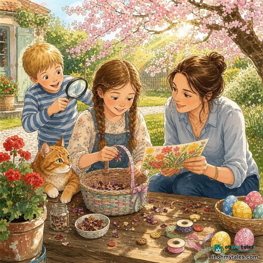 Bambina di 10 anni dal viso rotondo e lentiggini, capelli castano chiaro in due trecce, guarda felice e concentrata mentre tiene un piccolo cesto di vimini riparato e dipinto in pastello in cui sistema petali secchi; alla sua destra la madre di circa 35 anni, capelli castani raccolti in uno chignon morbido e sorriso dolce, è accovacciata e porge una cartina colorata con indizi; poco dietro a sinistra un bambino vicino di 8 anni, capelli biondi corti e aria eccitata, tiene una lente d'ingrandimento e indica la mappa; il gatto rosso Milo, occhi verdi, è disteso sul bordo del cesto a osservarli; la scena si svolge in un giardino primaverile soleggiato con prato curato, un ciliegio in fiore e vasi di gerani rossi su un tavolo di legno, e mostra la bambina che prepara una caccia alle uova di Pasqua decorando il cesto e disponendo una mappa con croci rosse e indizi in rima mentre la madre la aiuta e il ragazzo osserva impaziente.