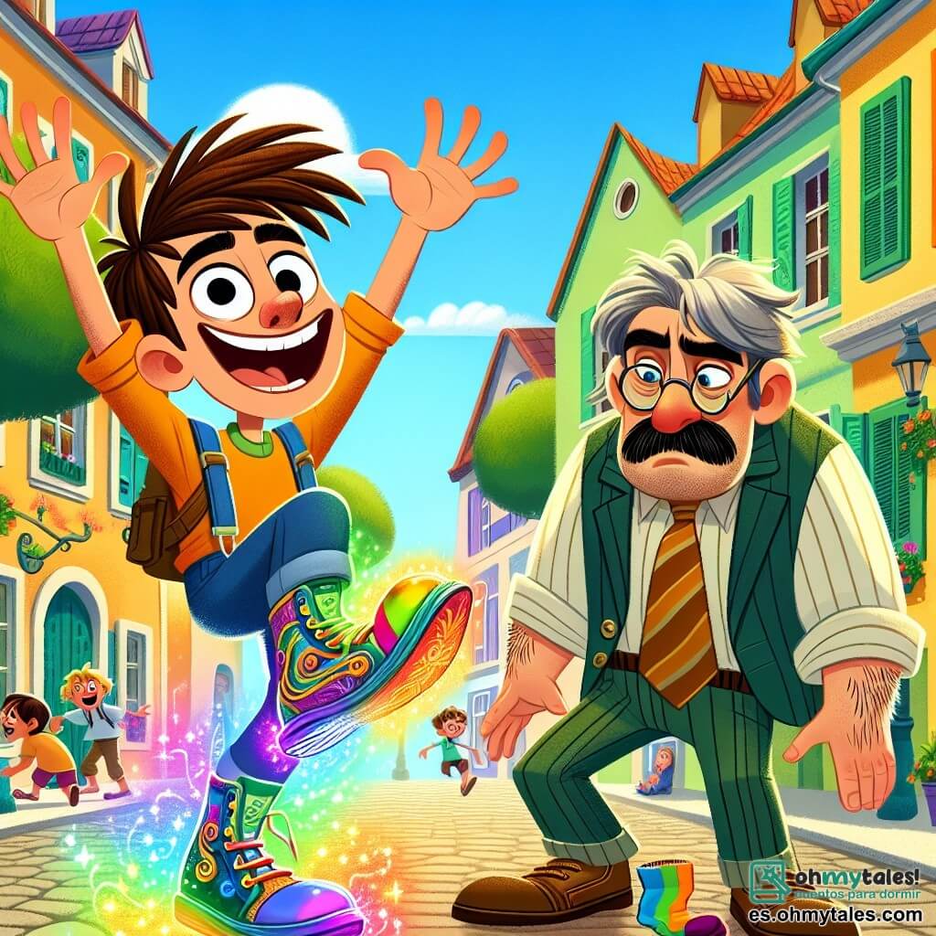 Un hombre llamado Pepe, alegre y sorprendido, con cabello castaño desordenado y una gran sonrisa, lleva zapatos que cambian de color. Está a punto de estornudar, con los brazos levantados, rodeado de un aura de magia colorida. A su lado, el malvado Señor Calcetín, un hombre de mediana edad con un bigote espeso y una mirada confusa, está tropezando con un calcetín perdido. Se ve frustrado y torpe, con los brazos extendidos para mantener el equilibrio. La escena transcurre en una calle animada, con casas coloridas y ventanas abiertas, árboles verdes y niños jugando a lo lejos. El cielo es azul y soleado, añadiendo un ambiente alegre. Pepe, en plena acción, está a punto de estornudar de nuevo, mientras sus zapatos brillan con mil colores, y el Señor Calcetín, desequilibrado, parece listo para caer.