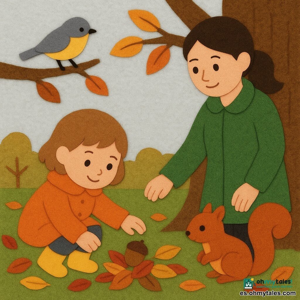Niña de 2 años, alegre y curiosa, pelo corto castaño claro, con abrigo naranja y botas amarillas, agachada recogiendo una pequeña castaña brillante; madre de unos 30–35 años, pelo castaño recogido en coleta, abrigo verde, de pie junto a ella sujetándole la mano con mirada benigna; una pequeña ardilla rojiza en la base de un árbol observando; un pájaro gris y amarillo posado en una rama baja cantando; parque otoñal con hierba pardo-verde, alfombra de hojas rojas, amarillas y marrones, troncos texturados y cielo gris pálido; escena cálida y tranquila, ambiente acogedor y seguro, estilo fieltro simple con colores planos, contornos nítidos y texturas de fieltro visibles.