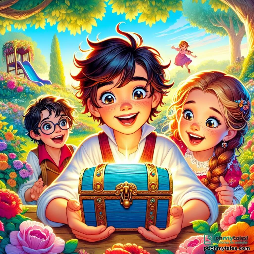 Um menino de 6 anos, Tomás, com cabelo castanho bagunçado e olhos brilhantes de curiosidade, segura um pequeno cofre azul nas mãos. Ele tem um sorriso largo e animado, com as bochechas rosadas de entusiasmo. Ao seu lado, Sofia, uma menina de 6 anos com cabelo loiro trançado e vestindo um vestido florido, olha para o cofre com os olhos arregalados, cheia de admiração. Miguel, um menino de 6 anos com óculos e cabelo preto, se inclina para frente, intrigado, enquanto Inês, uma menina de 6 anos com cabelo castanho e cacheado, aponta para o cofre, ansiosa para descobrir seu conteúdo. A cena se passa em um parque ensolarado, repleto de flores coloridas, com árvores verdes majestosas e um céu azul claro. Ao fundo, um escorregador colorido e crianças brincando adicionam à atmosfera alegre. As crianças estão descobrindo o cofre misterioso que encontraram na grama, cercadas por uma atmosfera de magia e aventura, ansiosas para desvendar o mistério que as aguarda.