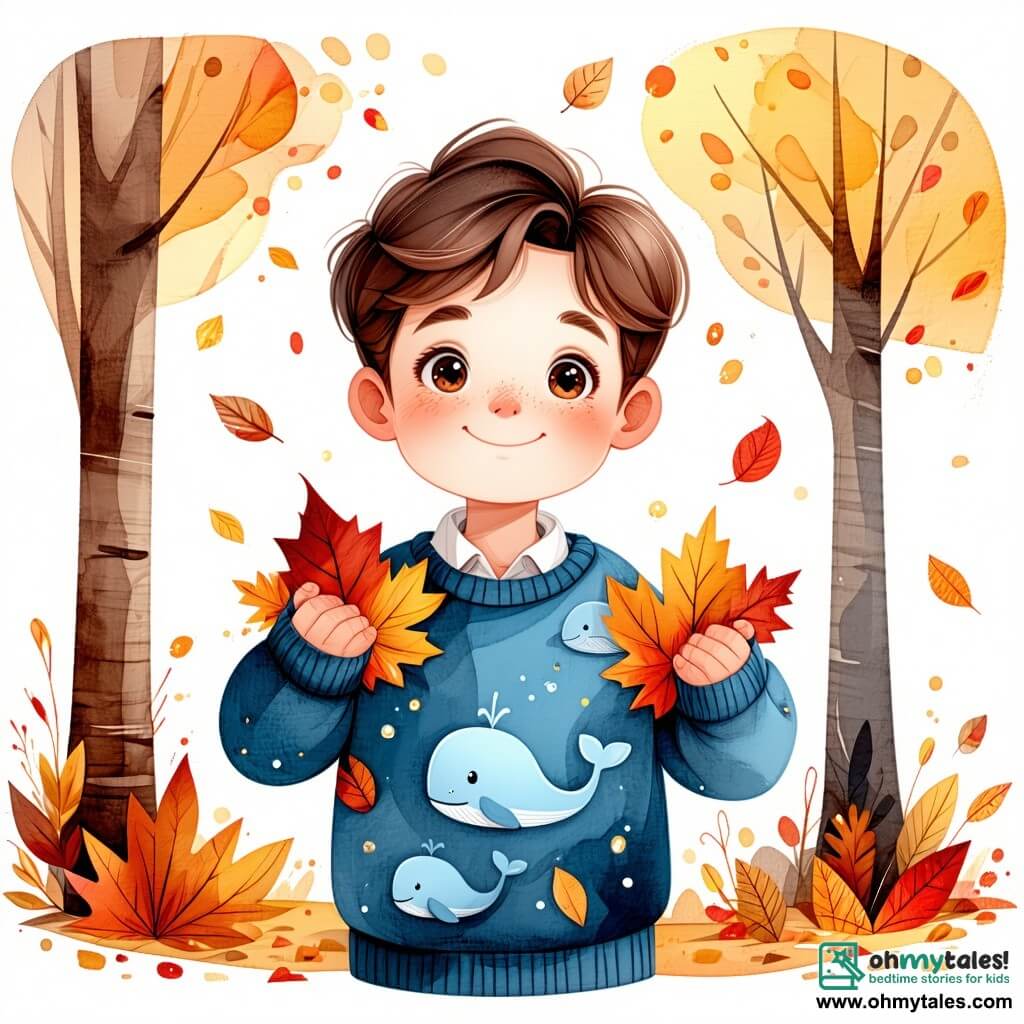 A 7-year-old boy named Oliver, with brown hair and curious sparkling eyes, stands in the middle of an autumn park, a big smile lighting up his face. He wears a blue sweater with whale patterns and holds a handful of colorful leaves, ready to toss them into the air joyfully. Next to him, his best friend Lucy, a 7-year-old girl with braided blonde hair, laughs while picking up golden leaves from the ground. She wears a pink coat and rubber boots, surrounded by swirling leaves. A little further away, Ben, a 7-year-old boy with brown hair and round glasses, is having fun jumping into a large pile of leaves, his face beaming with excitement. The park is vibrant with autumn colors, featuring majestic trees with fiery orange, red, and yellow leaves, and the ground is covered with a carpet of crunchy leaves. The sky is a clear blue, and the sun shines brightly, creating a warm and joyful atmosphere. The main scene shows Oliver, Lucy, and Ben playing together, laughing and throwing leaves in the air, capturing the magical spirit of autumn.