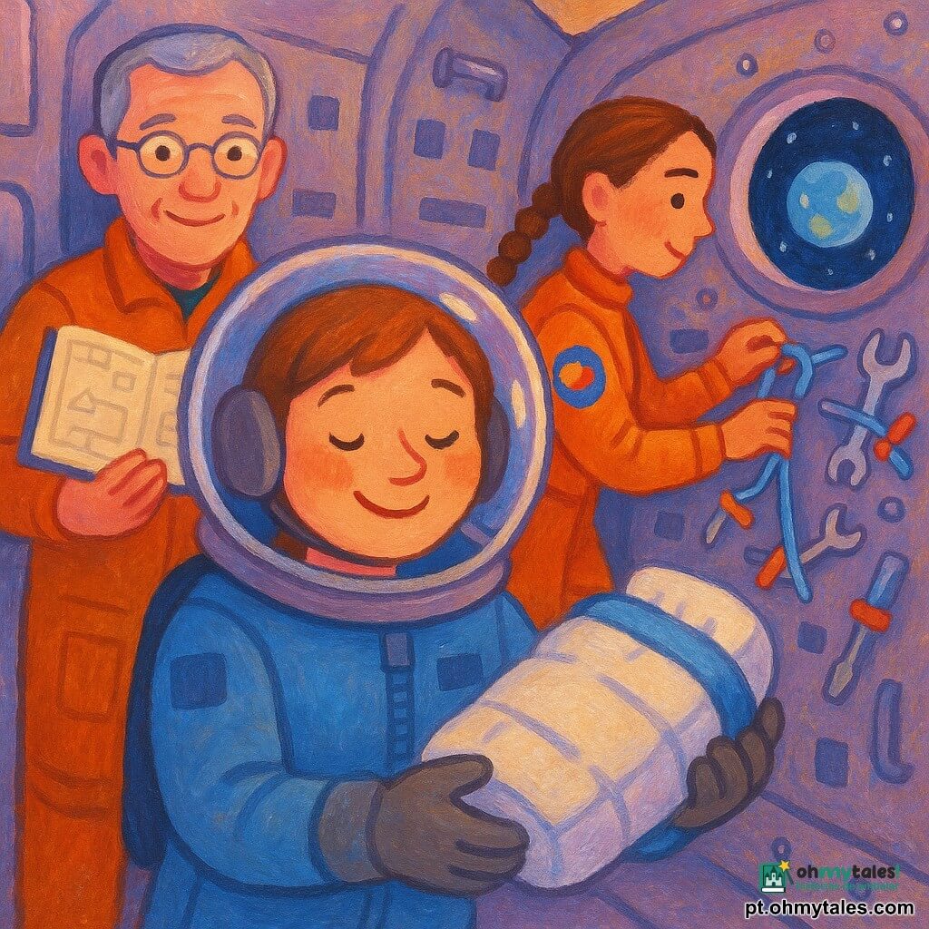 Uma astronauta de rosto redondo e sorridente, cabelo castanho curto sob um capacete translúcido, expressão serena e maravilhada, olhando para um pequeno saco de dormir branco e azul com tiras de velcro preso a uma parede metálica, postura suave e protetora; um comandante adulto de cabelos grisalhos curtos e óculos finos, olhar benevolente, posicionado levemente atrás à esquerda, segurando um caderno com esquemas e sorrindo; uma jovem astronauta colega de ~28 anos, cabelos trançados, traje espacial com patchs coloridos, organizando ferramentas flutuantes à direita e prendendo objetos com fitas; interior de cápsula espacial com paredes metálicas texturadas, alças e velcros visíveis, pequena janela redonda mostrando a Terra azul e estrelas, iluminação suave em tons violeta e azul; cena de preparação para dormir no espaço, calorosa, calma e ordenada, objetos flutuando levemente, paleta em tons pastéis com realces luminosos nos rostos.