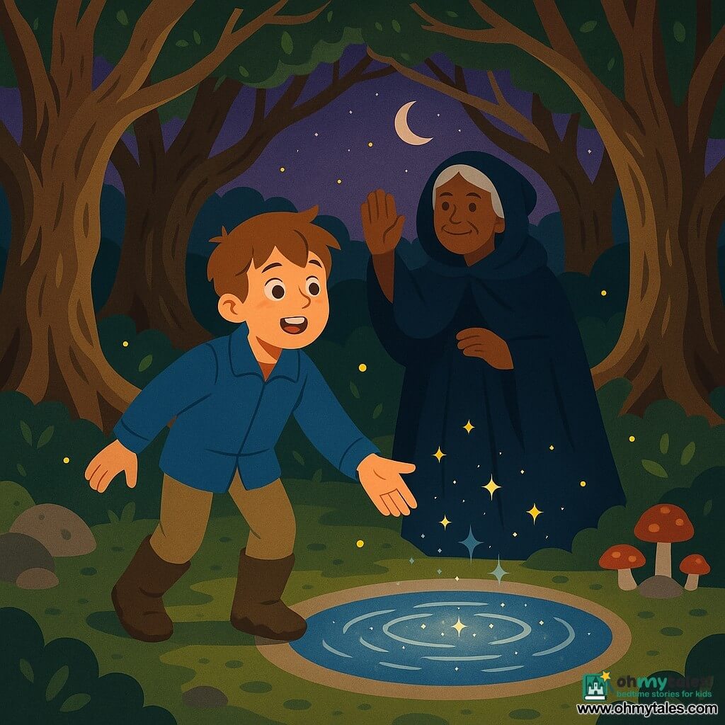Tom Thumb, a young boy with light brown hair, a blue canvas jacket and muddy boots, stands center with a delighted, bright-eyed face reaching toward a circular, mirror-like pool; the Memory Keeper, about 70, in a deep-blue gown and hooded cloak with softly lined features, smiles gently behind him, hand raised as if blessing the water. They are in a round glade of ancient knotted trees forming a dome, mossy ground and lichen-covered stones; the silvery pool reflects stars with tiny luminous ripples, yellow fireflies float and a few red mushrooms edge the basin. Twilight deep violet sky and moonlight filter through the branches, casting long shadows. Main scene: Tom Thumb gazes at the pool's reflection with hopeful wonder while the Keeper encourages him with a tender, magical gesture; atmosphere calm and mysterious.