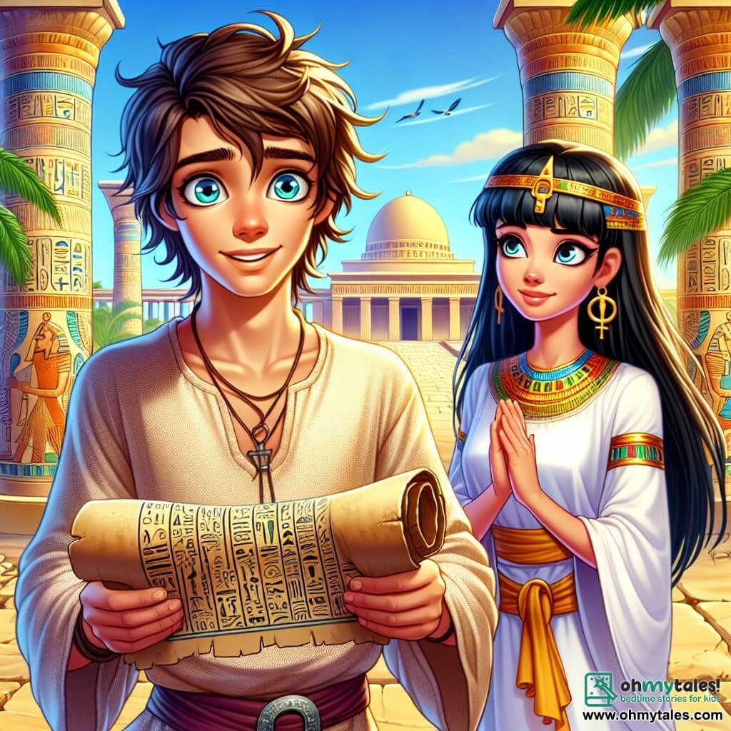 A young man named Lysander, around 20 years old, stands at the center of the image with messy brown hair and sparkling curious eyes. He wears a simple, slightly wrinkled beige linen tunic and holds an ancient scroll in his hands, his expression a mix of excitement and apprehension. Beside him, Nefertari, an 18-year-old Egyptian girl, is dressed in a white linen dress adorned with golden patterns, wearing an ankh-shaped necklace. She looks at Lysander with an encouraging smile, her long black hair gently flowing in the warm desert breeze. The setting is a majestic temple in Egypt, with imposing columns decorated with colorful hieroglyphs and a bright blue sky in the background. Palm trees surround the temple, adding greenery to the arid landscape. The main scene shows Lysander and Nefertari standing at the temple entrance, ready to enter a world of mysteries and magic, while a gentle breeze stirs the sand around them, creating an atmosphere of adventure and discovery.