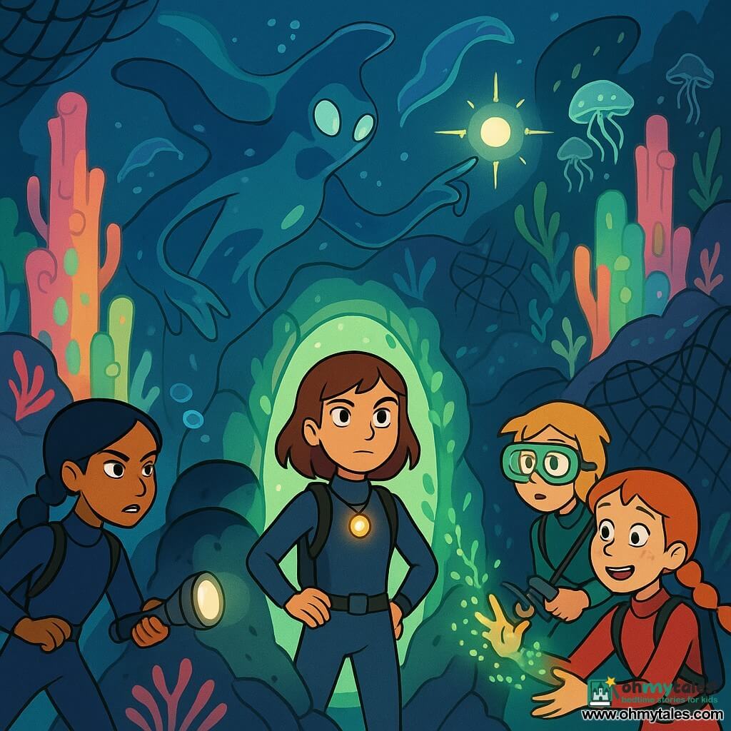 Five characters: Mara, 12, mid-brown hair, calm determined look, dark wetsuit with a small glowing stone pendant, centered and reaching toward a shimmering oval underwater door; Nia, 12, tan skin, long black braid, focused expression, navy wetsuit, left of Mara guiding the group and holding a sparkling torch; Tess, 11, red hair in braids, freckles, awed smile, red wetsuit, right of Mara with fingers splayed before a bed of algae that lights where she passes her hand; Jules, 12, short blond hair, wide diving goggles, thoughtful, olive-green wetsuit slightly behind, carefully cutting a dark net with a dive knife; and a nonhuman guardian creature, a fluid silhouette of shadow and sea glass with polished-glass eyes and pastel light flecks, floating protectively behind them and gesturing toward a glowing sphere at the center of a ring of coral pillars. Location: an enchanted underwater garden of pastel coral towers, waving anemones, schools of small glowing jellyfish and glassy seagrass, with a large translucent oval door set between rocks edged in bioluminescent algae and a central cavity holding a floating luminous sphere surrounded by crystalline pillars. Main situation: the four girls in wetsuits cautiously explore a living oval door under the sea; the mood is wondrous and tense with soft light, silver bubbles, dark nets being cut in the background, the guardian indicating a sphere that contains the reef’s memory; centered composition, pastel colors contrasted by dark net accents, expressions of wonder and focus, 1990s TV cartoon style with clean lines and shiny aquatic textures.