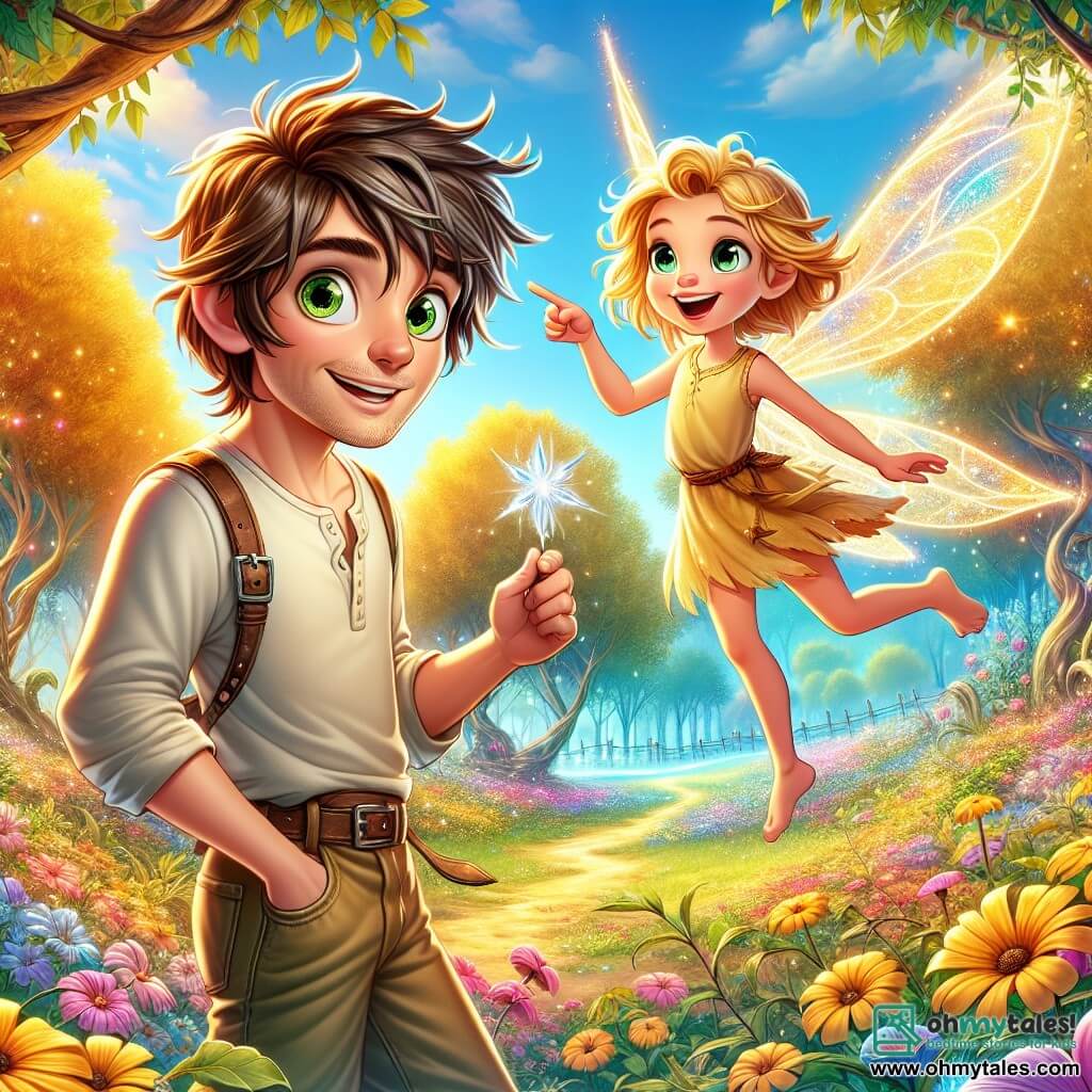A man named Eliot, in his thirties with messy brown hair and sparkling curious eyes, stands at the center of the image. He wears a simple shirt and canvas pants, with slightly muddy boots. His face expresses wonder and determination as he holds a shimmering silver feather in his hand. Beside him, a small fairy named Lira, a girl with golden hair and translucent wings, joyfully flies. She has a bright smile and wears a dress made of flower petals, pointing to a glowing path winding through the trees. The setting is an enchanted forest with majestic trees with golden trunks and shiny leaves, colorful flowers dancing in a gentle breeze, and a bright blue sky dotted with fluffy clouds. The main scene shows Eliot and Lira discovering the magical feather, surrounded by fairy wonders, ready to embark on an exciting adventure to save the fairy kingdom.