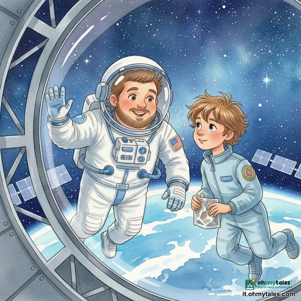 Un uomo, l'astronauta Luca, sorridente e meravigliato, volto rotondo con barba corta e occhi marroni, capelli castani corti, in tuta spaziale bianca con dettagli blu e guanti, fluttua leggermente appoggiando una mano al vetro; un ragazzo, Marco, di 10-12 anni, capelli castano chiaro spettinati e occhi grandi e curiosi, in tenue da stagista con una toppa colorata, fluttua vicino a Luca guardando le stelle e tenendo un sacchetto di cibo spaziale che galleggia; la scena nella cupola di osservazione di una stazione spaziale mostra una finestra emisferica, struttura metallica grigia, pannelli solari esterni, stelle scintillanti e la curva blu della Terra sullo sfondo, i due condividono un momento complice con riflessi di luce sul vetro.