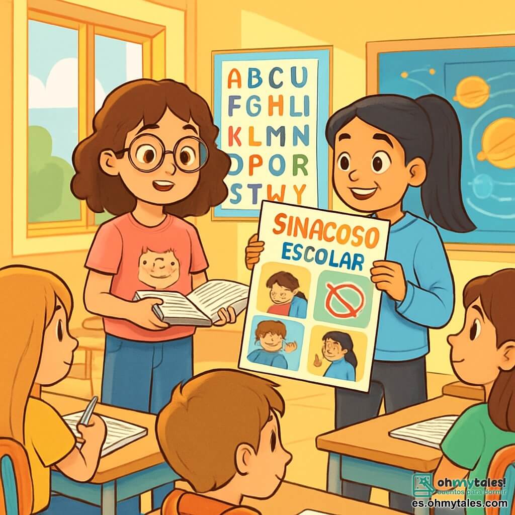 Hay 2 personajes principales: - Mariana: una chica de 12 años, con cabello rizado castaño y gafas redondas. Lleva una camiseta rosa con un diseño de gato y unos jeans azules. Está de pie a la izquierda, sosteniendo un libro abierto con notas. - Sofía: una chica de 12 años, con cabello largo y liso, de color negro, recogido en una coleta. Lleva un sudadera azul claro y pantalones negros. Está a la derecha de Mariana, mostrando un cartel colorido sobre el acoso escolar. La situación principal ocurre en un aula luminosa, con paredes pintadas de amarillo y carteles educativos. Hay escritorios de madera clara, sillas coloridas y una gran ventana que deja entrar la luz del sol. Mariana y Sofía presentan su proyecto sobre el acoso escolar ante sus compañeros de clase. Ambas están sonriendo y determinadas, mientras los demás alumnos, sentados en sus sillas, las escuchan atentamente, algunos tomando notas y otros mostrando curiosidad e interés.