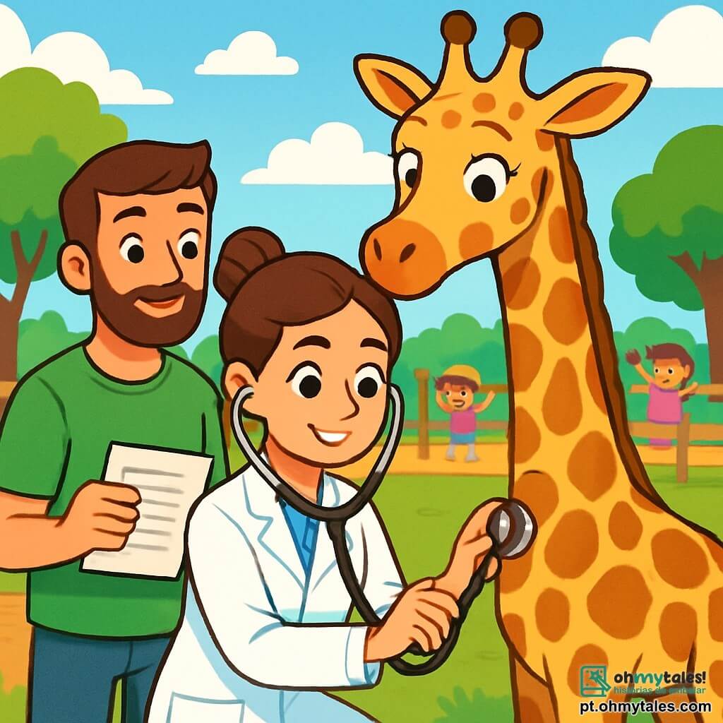A veterinária, doutora Sofia, é uma mulher sorridente com cabelos castanhos presos em um coque. Ela usa um jaleco branco brilhante e segura um estetoscópio nas mãos, olhando atentamente para a girafa Manchadinha. Seus olhos brilham de empatia e determinação. Ao lado dela está Pedro, um jovem de cerca de 30 anos, com barba bem feita e uma camiseta verde. Ele observa Sofia com um sorriso encorajador, segurando uma folha de papel com anotações sobre a girafa. O fundo mostra um zoológico colorido, com recintos para os animais, árvores verdes e crianças alegres se divertindo. O céu é azul com algumas nuvens brancas fofas. A cena principal mostra Sofia agachada perto de Manchadinha, a girafa, que tem manchas marrons em seu longo pescoço. Sofia escuta atentamente o coração da girafa com seu estetoscópio, enquanto Manchadinha parece curiosa e um pouco preocupada.