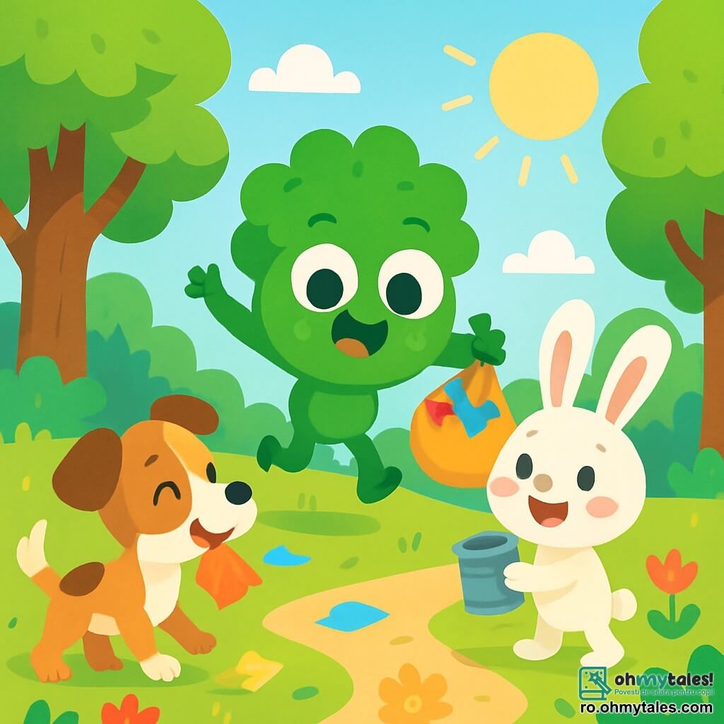 O mică broscuță verde numită Bubu, cu ochi mari și rotunzi și un zâmbet vesel, sare de bucurie în mijlocul unei poieni însorite, ținând în lăbuțele sale un sac colorat de deșeuri. Lângă ea, un adorabil iepure alb numit Cipi, cu urechi lungi și obraje roz, zâmbește ținând o conservă, arătându-și entuziasmul. Un pic mai departe, o cățelușă veselă, Lili, cu blană brună și pete albe, dă din coadă adunând hârtii colorate împrăștiate pe jos. Poiana este înconjurată de copaci măreți cu frunze verzi strălucitoare, iar flori colorate presară solul. Cerul este albastru cu câteva nori albi pufoși, iar un rază blândă de soare luminează scena. Bubu și prietenii săi curăță pădurea, umplându-și sacii cu deșeuri pentru a face casa lor mai frumoasă și mai curată, râzând și distrându-se împreună.