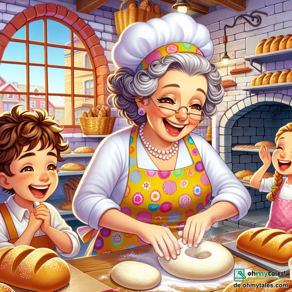 Frau Brigitte, die Bäckerin, ist eine fröhliche Frau in ihren Fünfzigern mit lockigem, silbernem Haar, die eine bunte Schürze mit Brotmotiven trägt. Sie lächelt begeistert, ihre Augen strahlen vor Glück, während sie den Kindern zeigt, wie man Brötchen formt. Max, ein zehnjähriger Junge mit zerzausten braunen Haaren, ist über einen Teigklumpen gebeugt, konzentriert und mit einem breiten Lächeln im Gesicht, während Sophie, ein achtjähriges Mädchen mit blonden Zöpfen, mit Mehl auf der Arbeitsfläche spielt und laut lacht. Die Szene spielt in einer charmanten Bäckerei mit rotem Dach, Backsteinwänden und großen bunten Fenstern. Im Inneren sind Regale mit goldenen Broten und köstlichen Backwaren gefüllt, während ein großer Ofen im Hintergrund eine angenehme Wärme ausstrahlt. In dieser Illustration lehrt Frau Brigitte die Kinder, wie man Brötchen zubereitet, umgeben von Lachen und fliegendem Mehl, was eine fröhliche und warme Atmosphäre voller Magie und Genuss schafft.